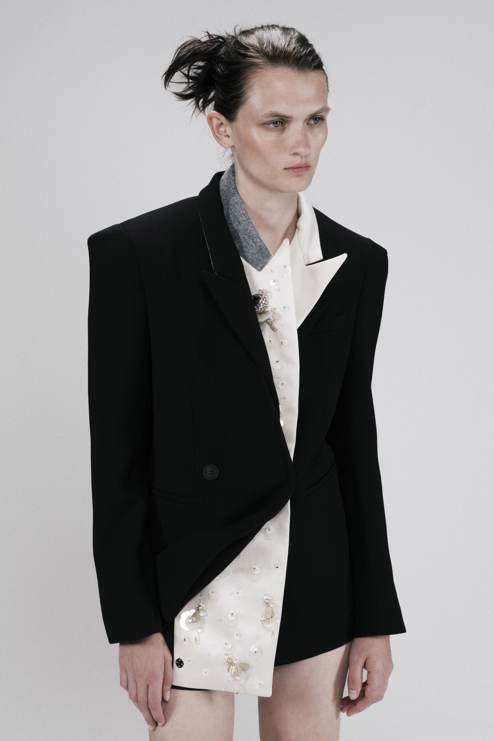 black tuxedo blazer over mini dress