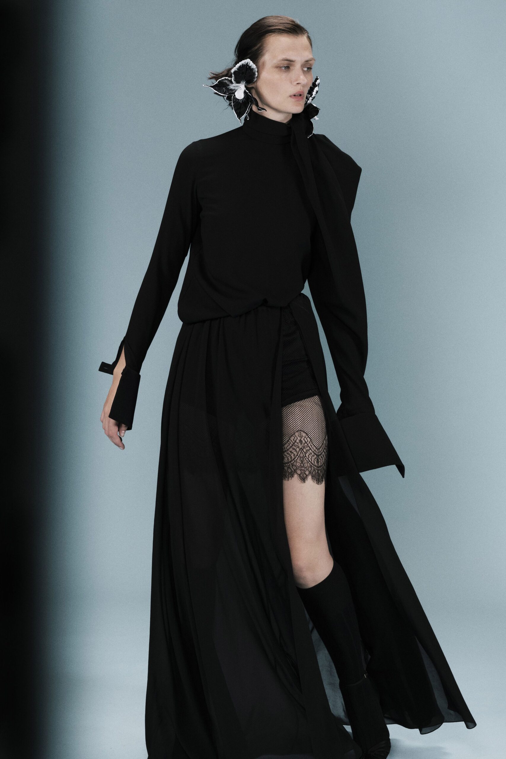 black chiffon long-sleeve high-neck draped flowing maxi dress