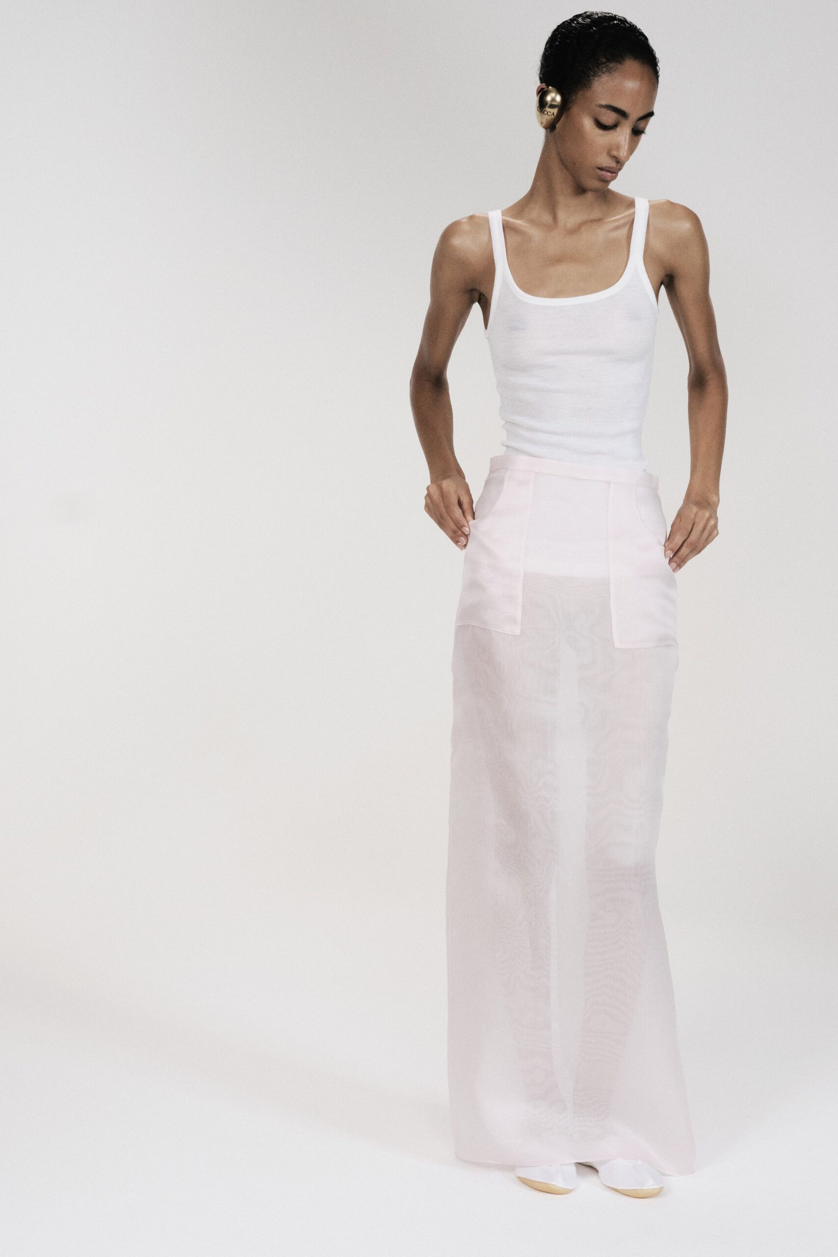 white organza high-waisted straight-leg pockets sheer flowing skirt