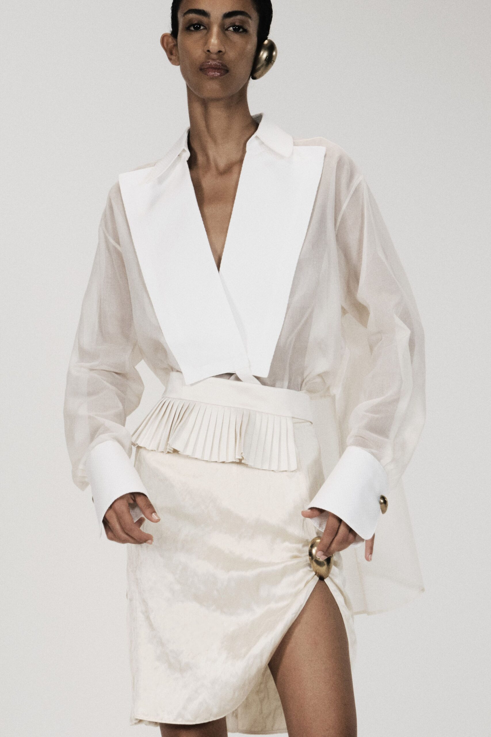 ivory organza long-sleeve collared relaxed sheer flowing blouse