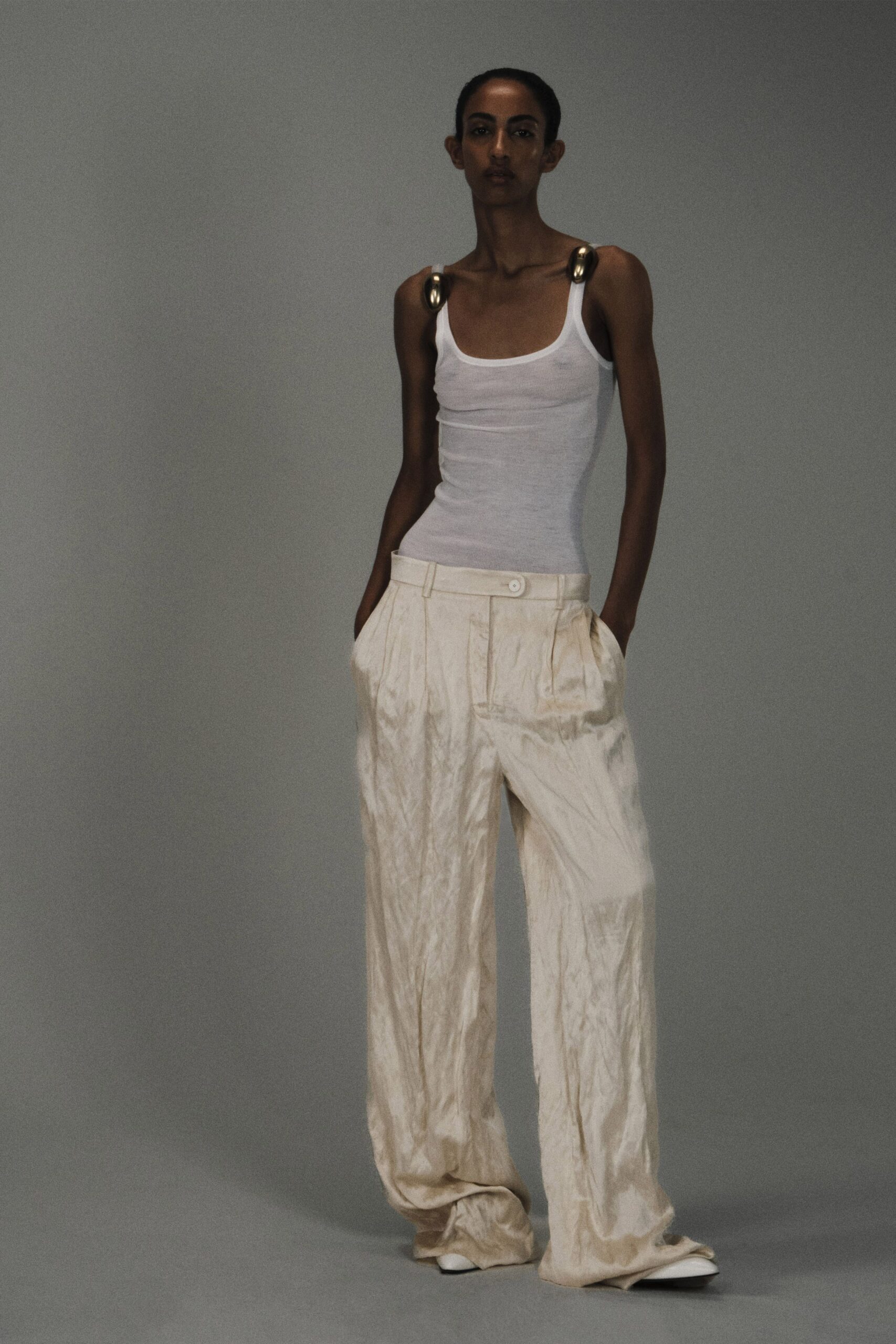 ivory satin high-waisted wide-leg pockets shiny flowing pants