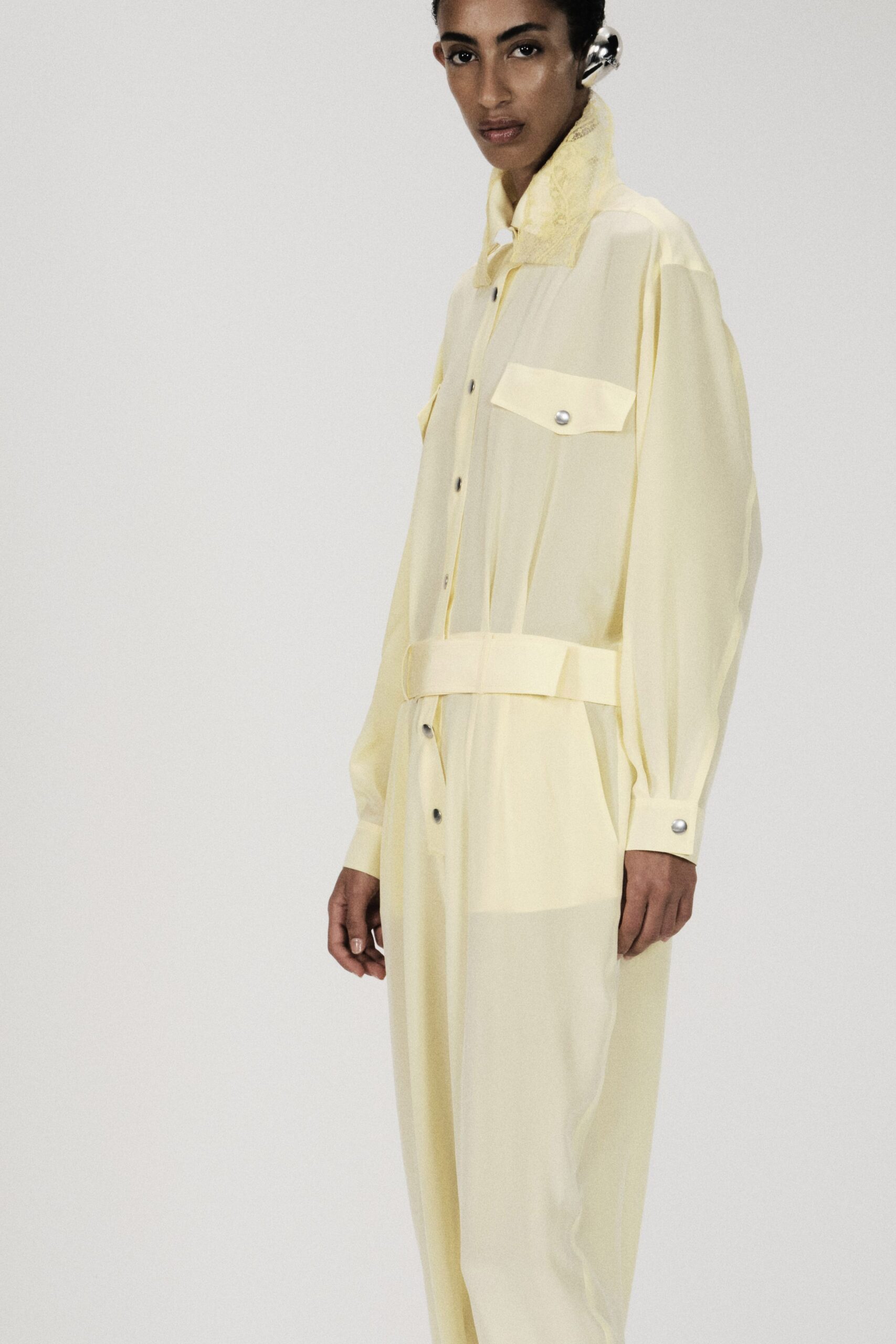 yellow organza long-sleeve collared buttoned pockets jumpsuit