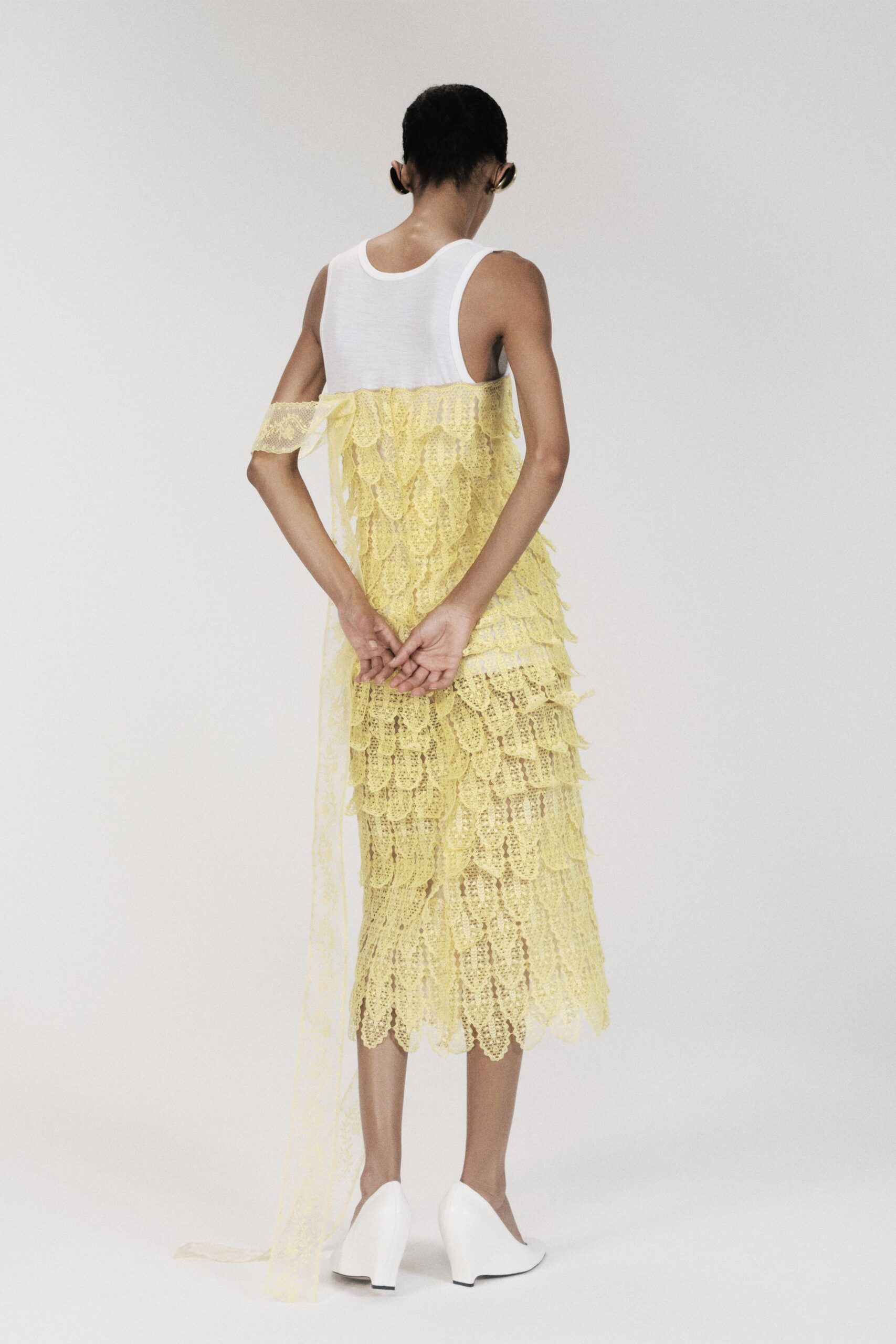 yellow tiered lace midi dress