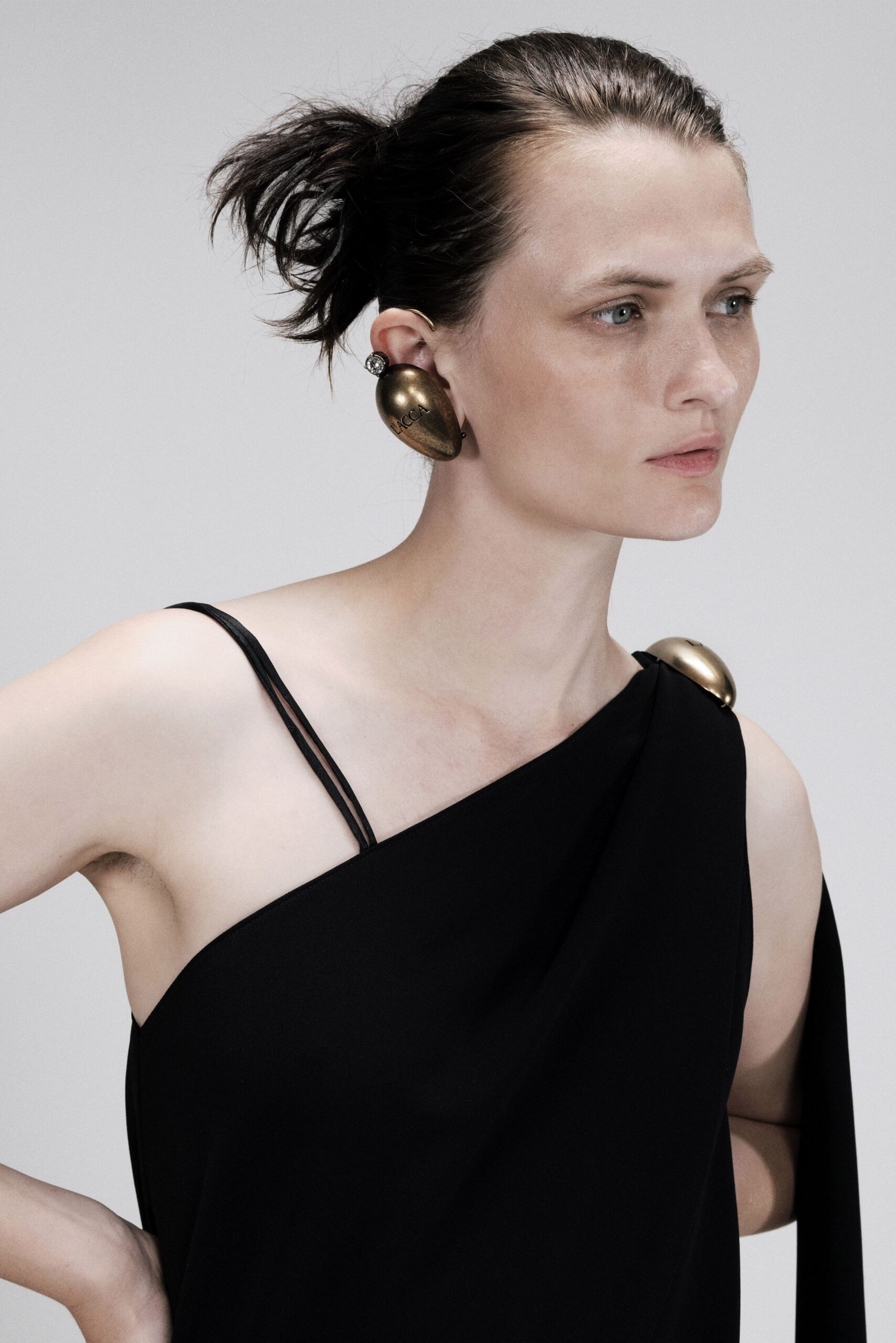black unknown asymmetric spaghetti-strap draped flowing dress