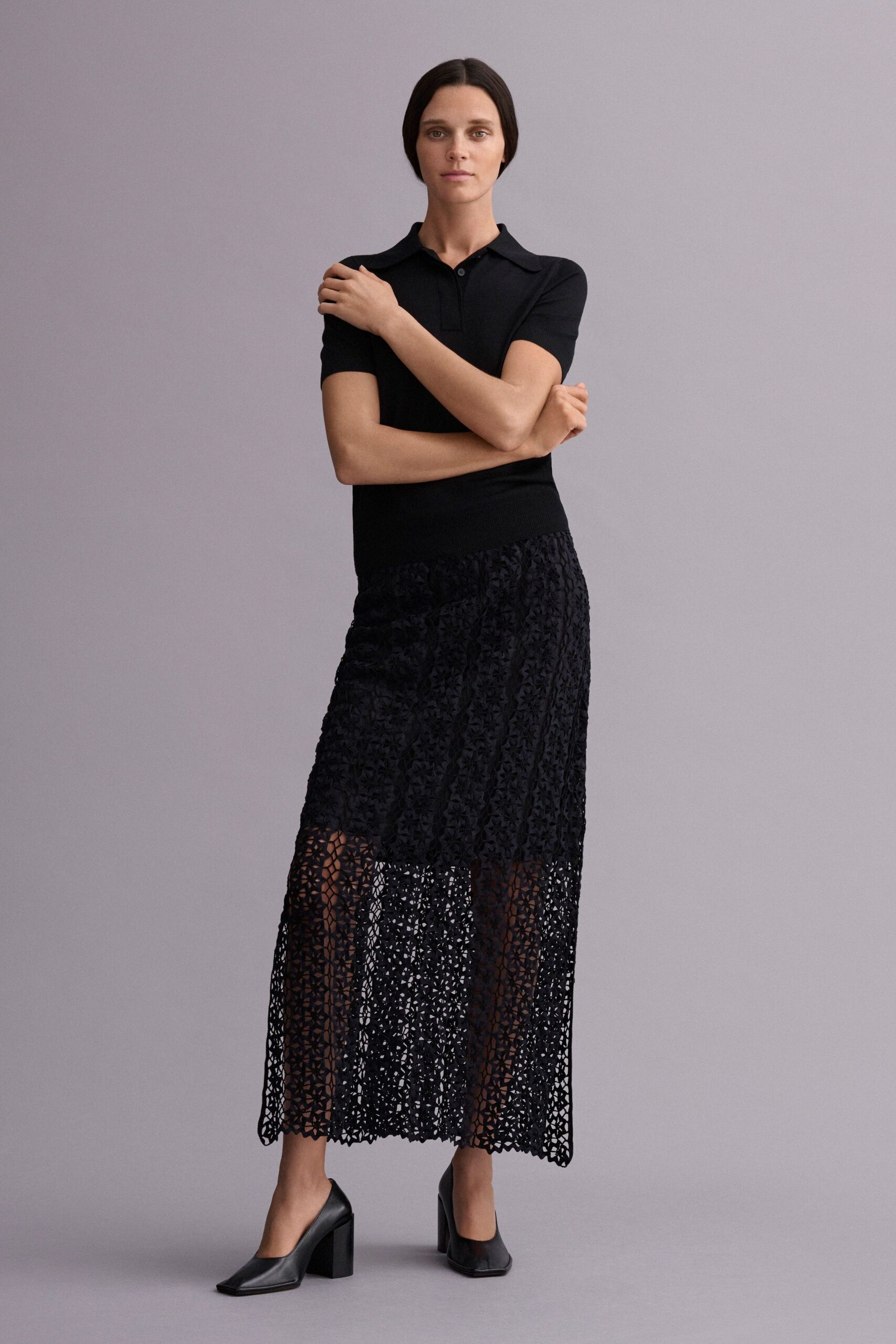 black crochet pleated openwork sheer textured maxi skirt