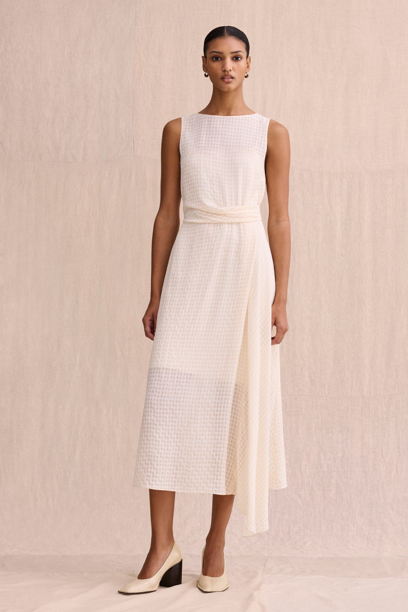 ivory chiffon sleeveless boat-neck checked draped midi-dress