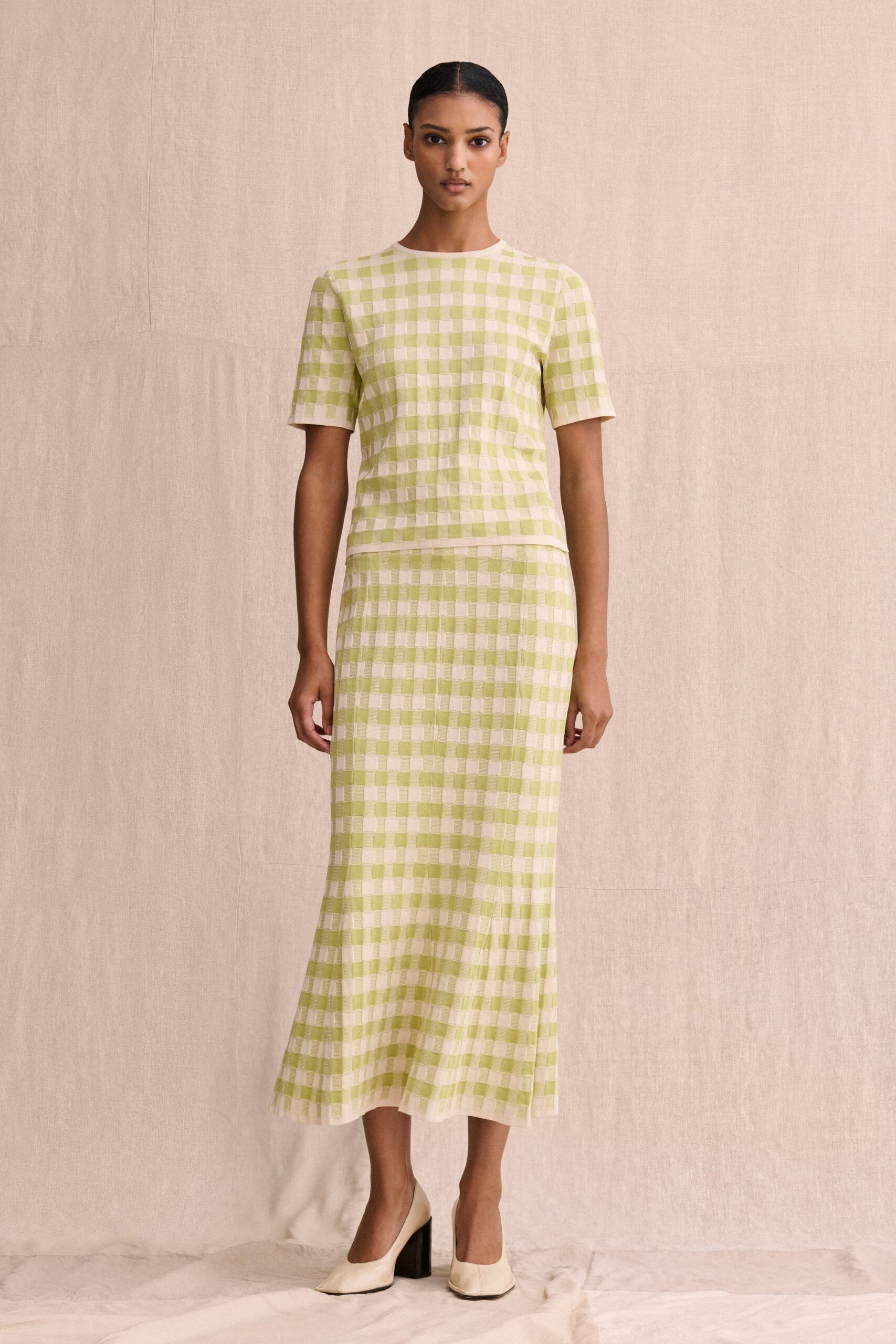 green knit relaxed checked textured maxi skirt