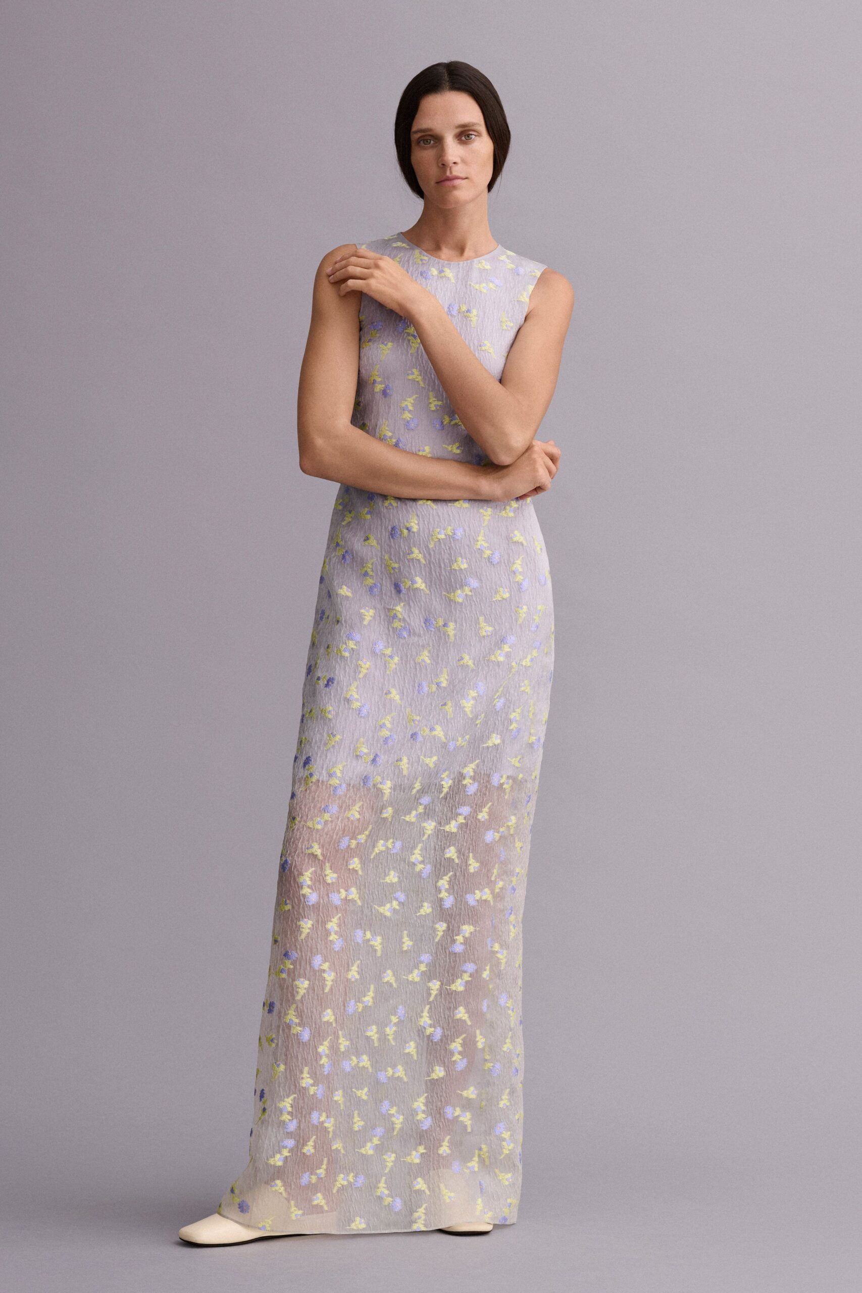 lavender unknown sleeveless high-neck floral sheer textured gown