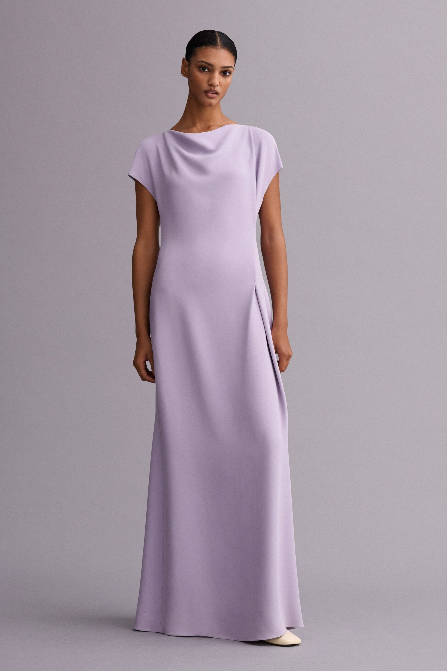 lavender crepe high-neck short-sleeve draped flowing maxi gown