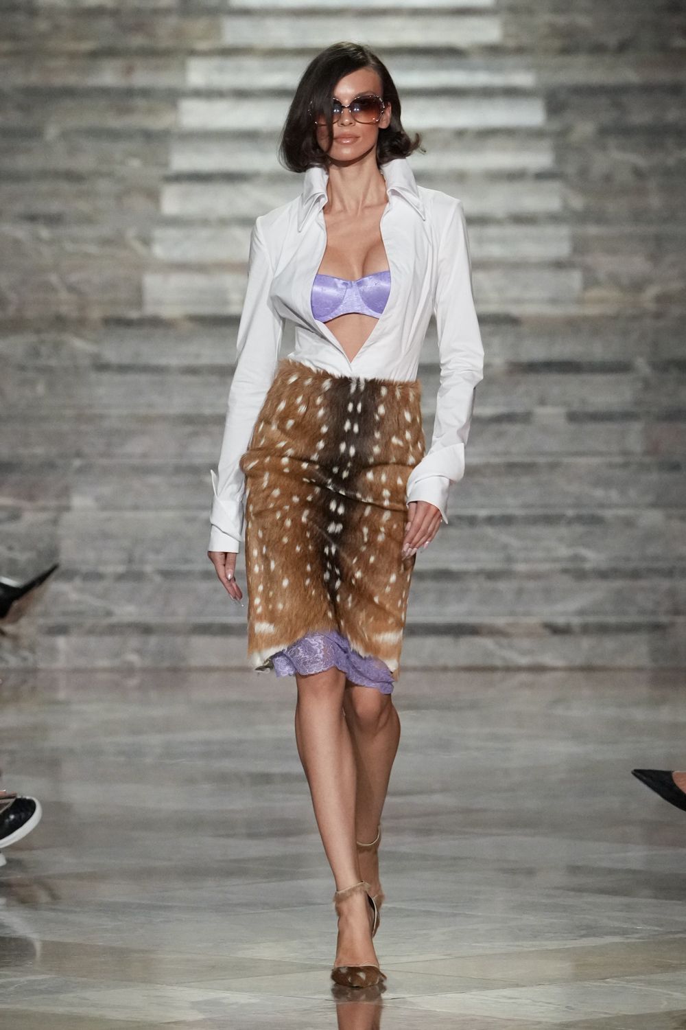 brown fur fitted animal-print draped textured midi skirt