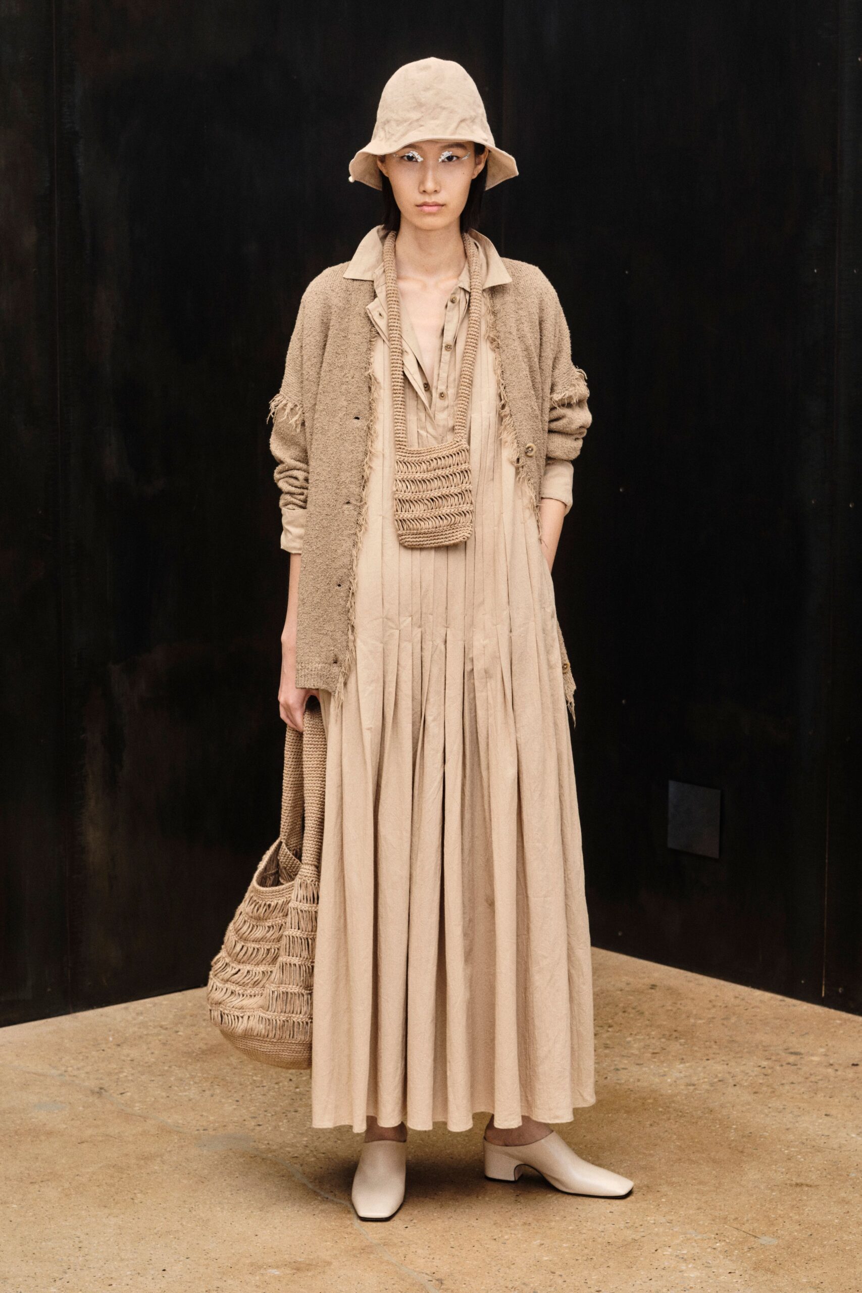 beige pleated maxi shirt dress