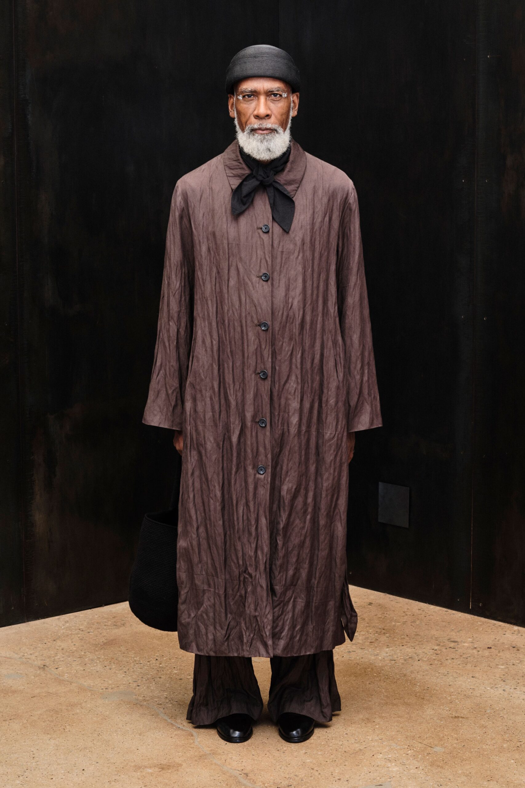 crinkled brown maxi coat