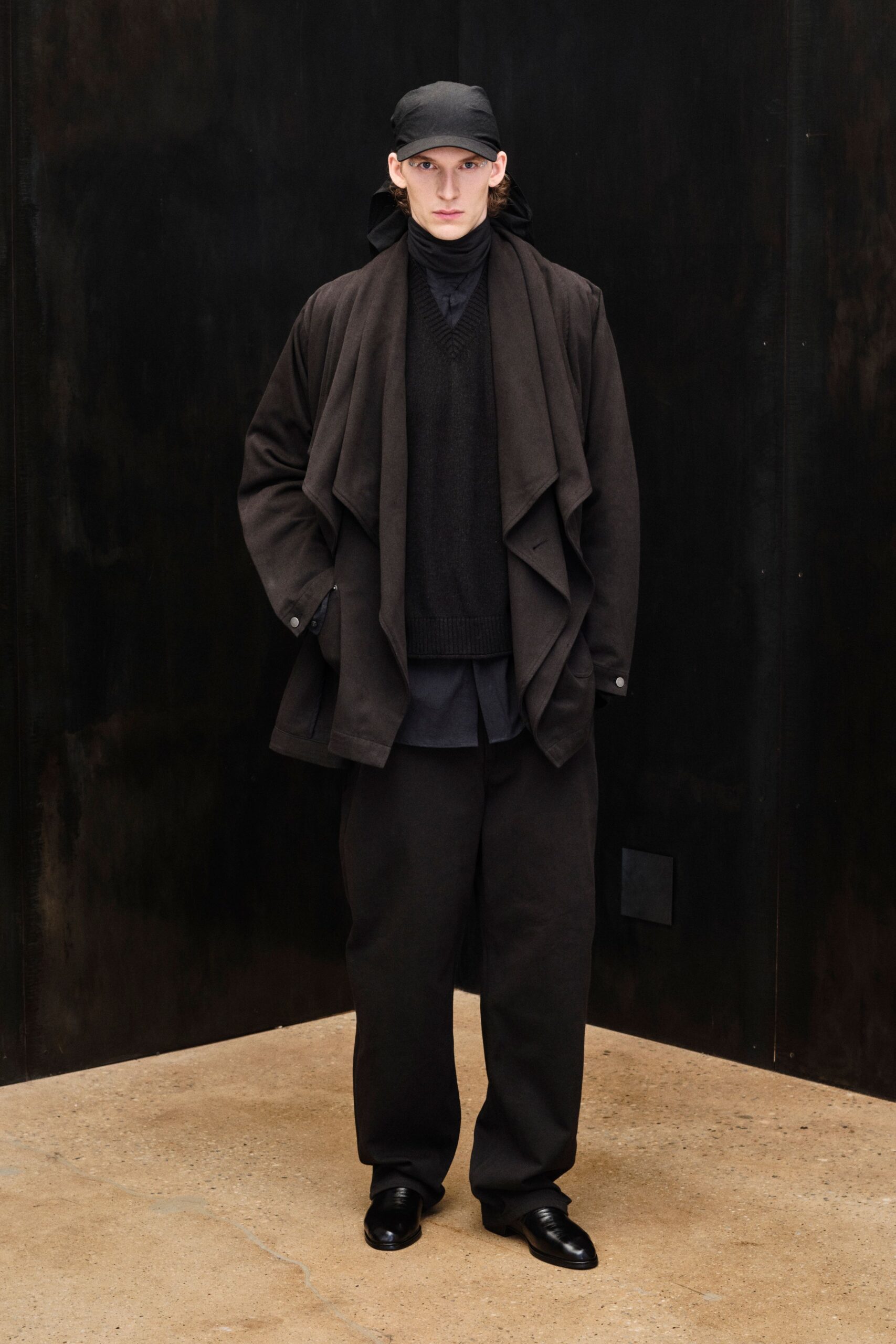 draped shawl-front brown coat