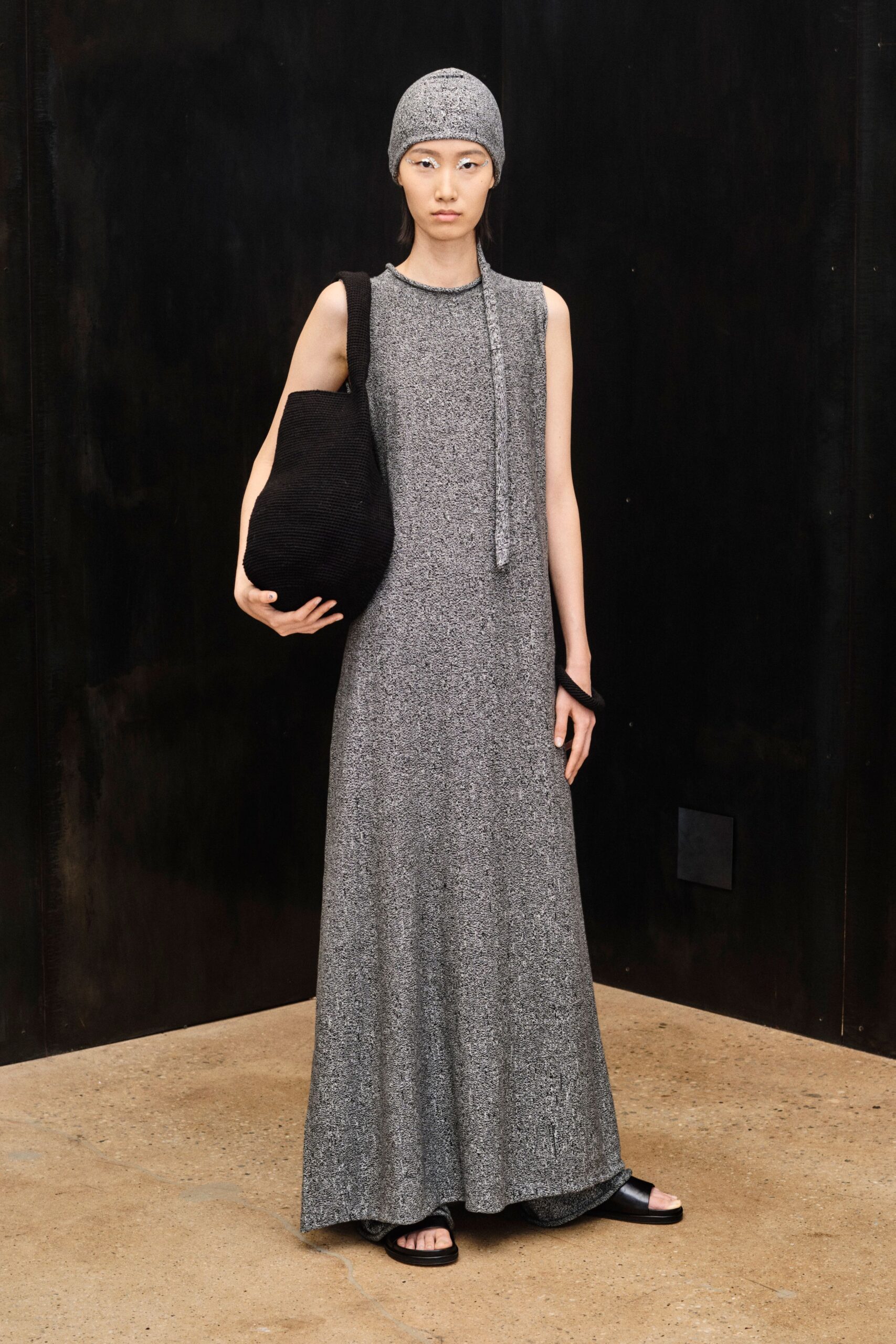 gray knit maxi dress with scarf detail