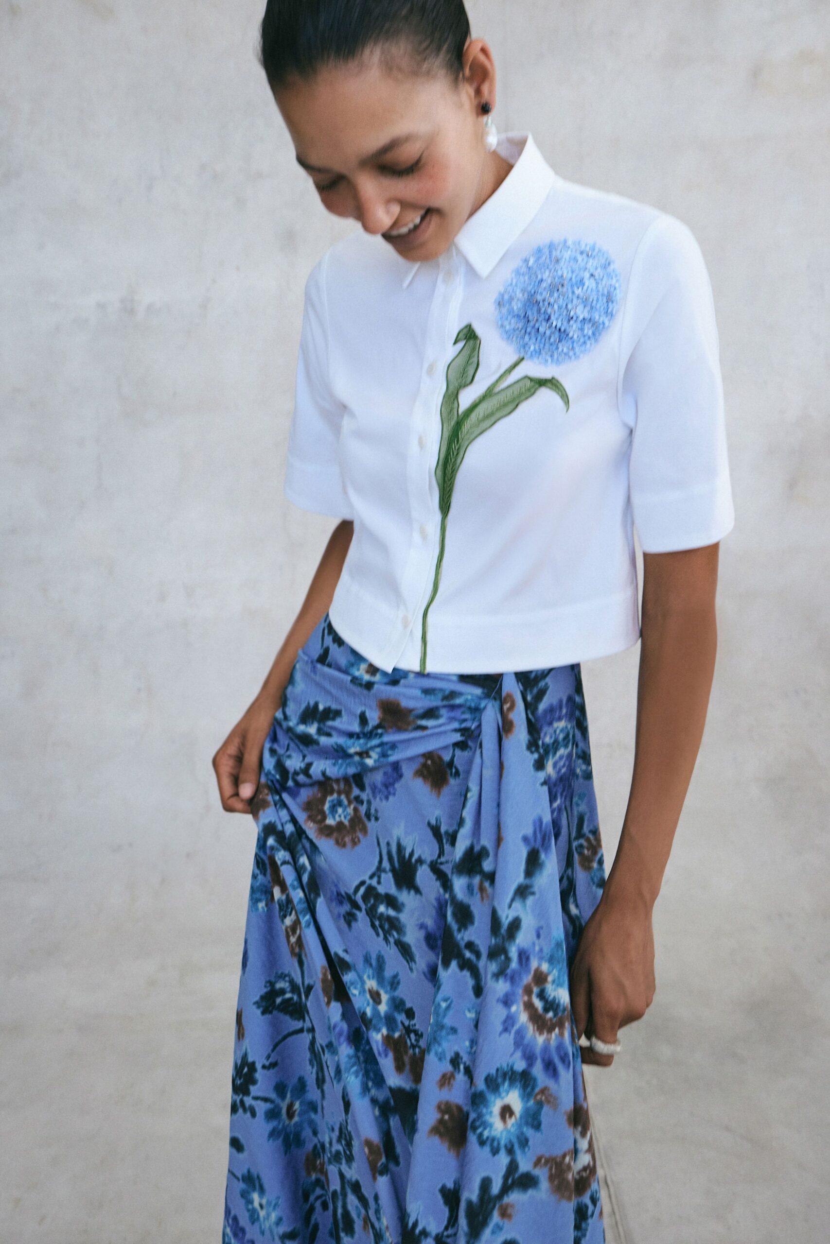 blue unknown wrap floral draped flowing maxi skirt
