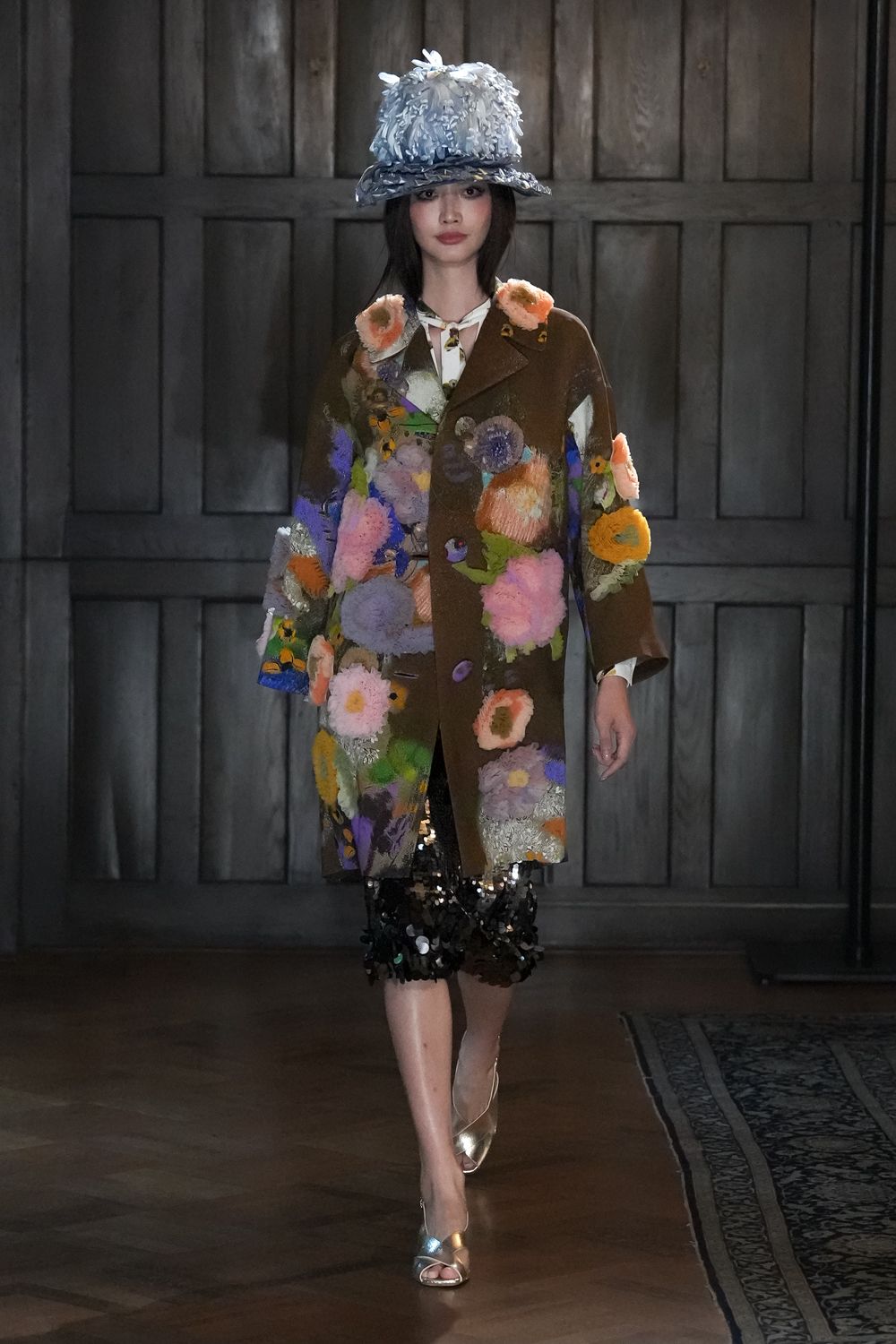 floral appliqué wool coat