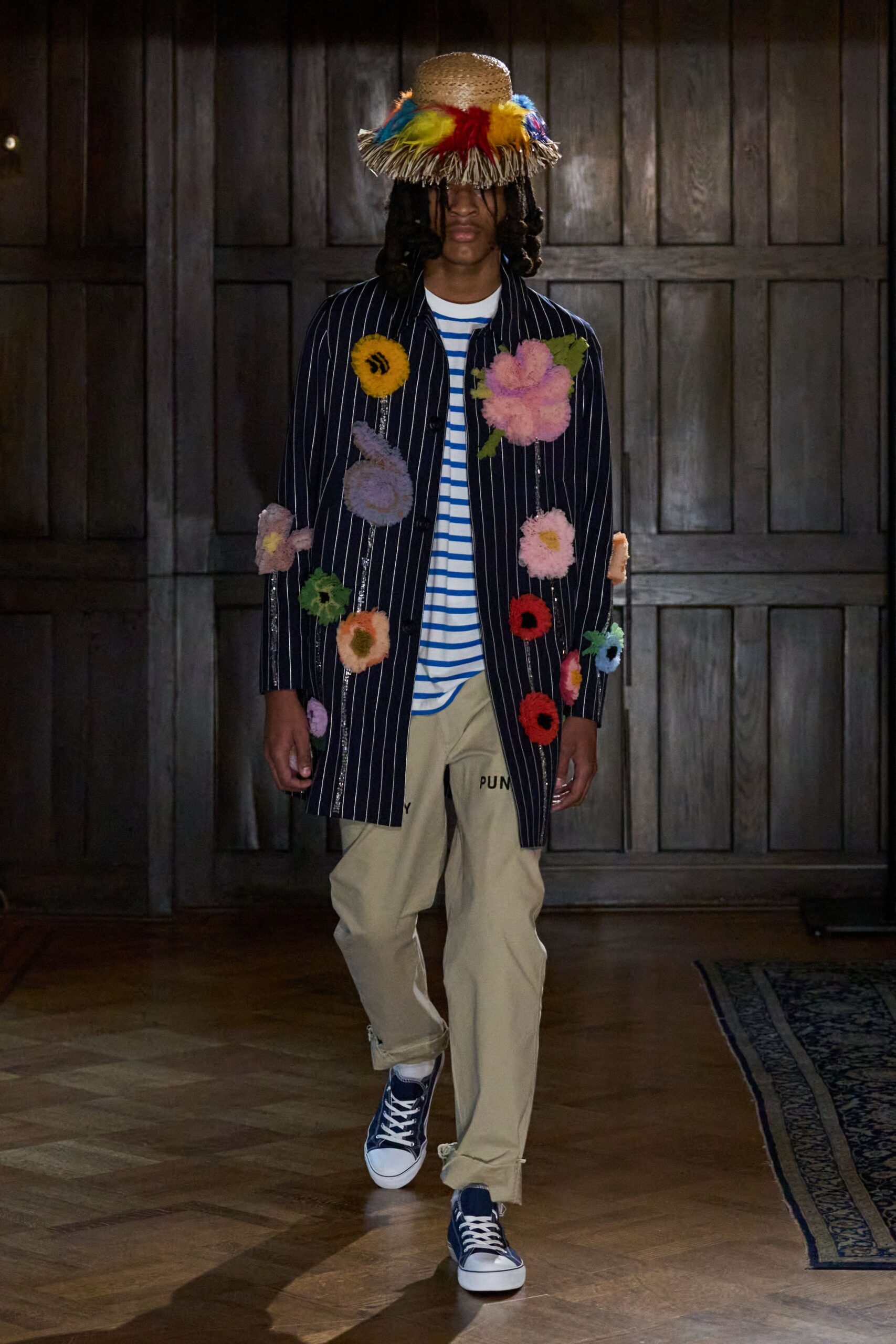 floral appliqué pinstripe coat