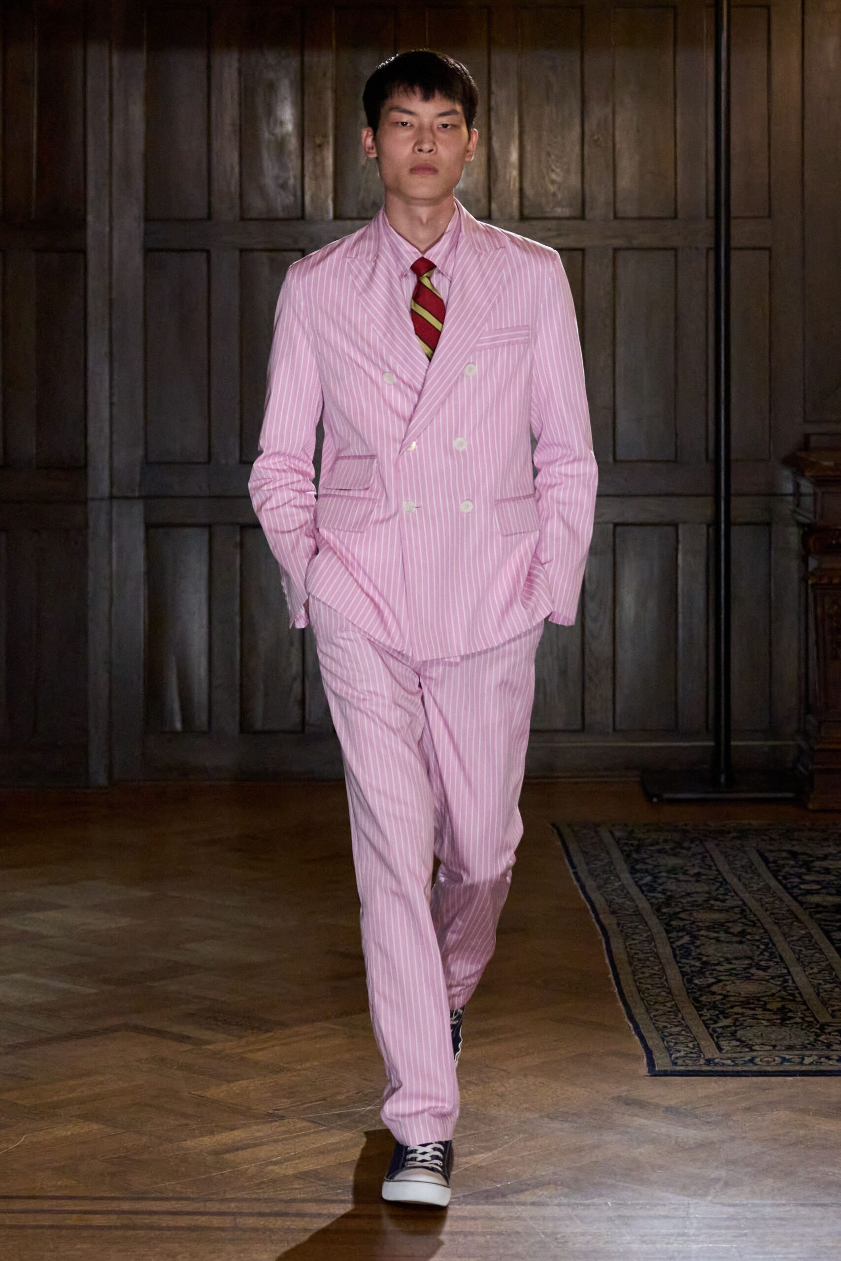 pink pinstripe double-breasted suit jacket