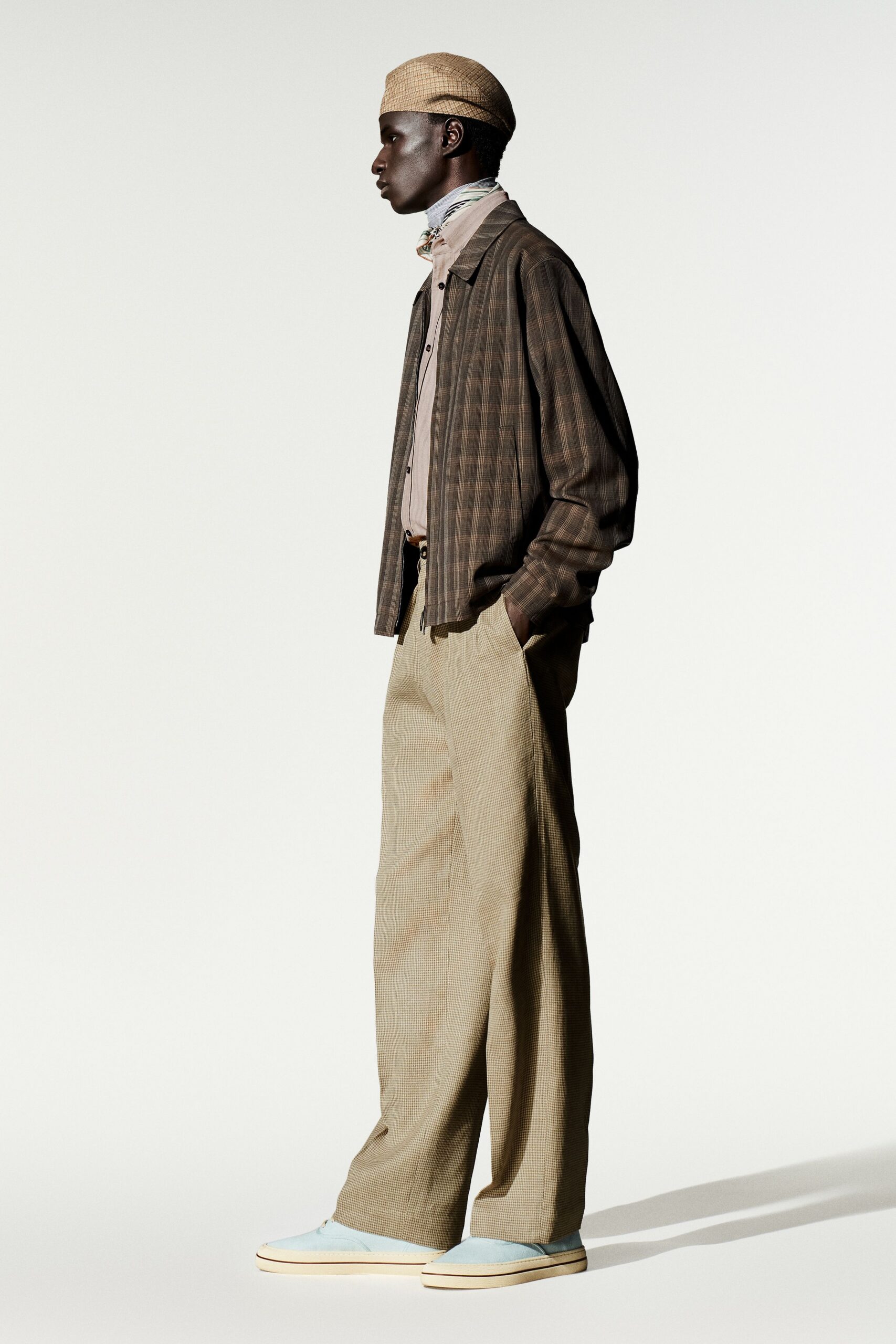 brown checked zip-front blouson jacket