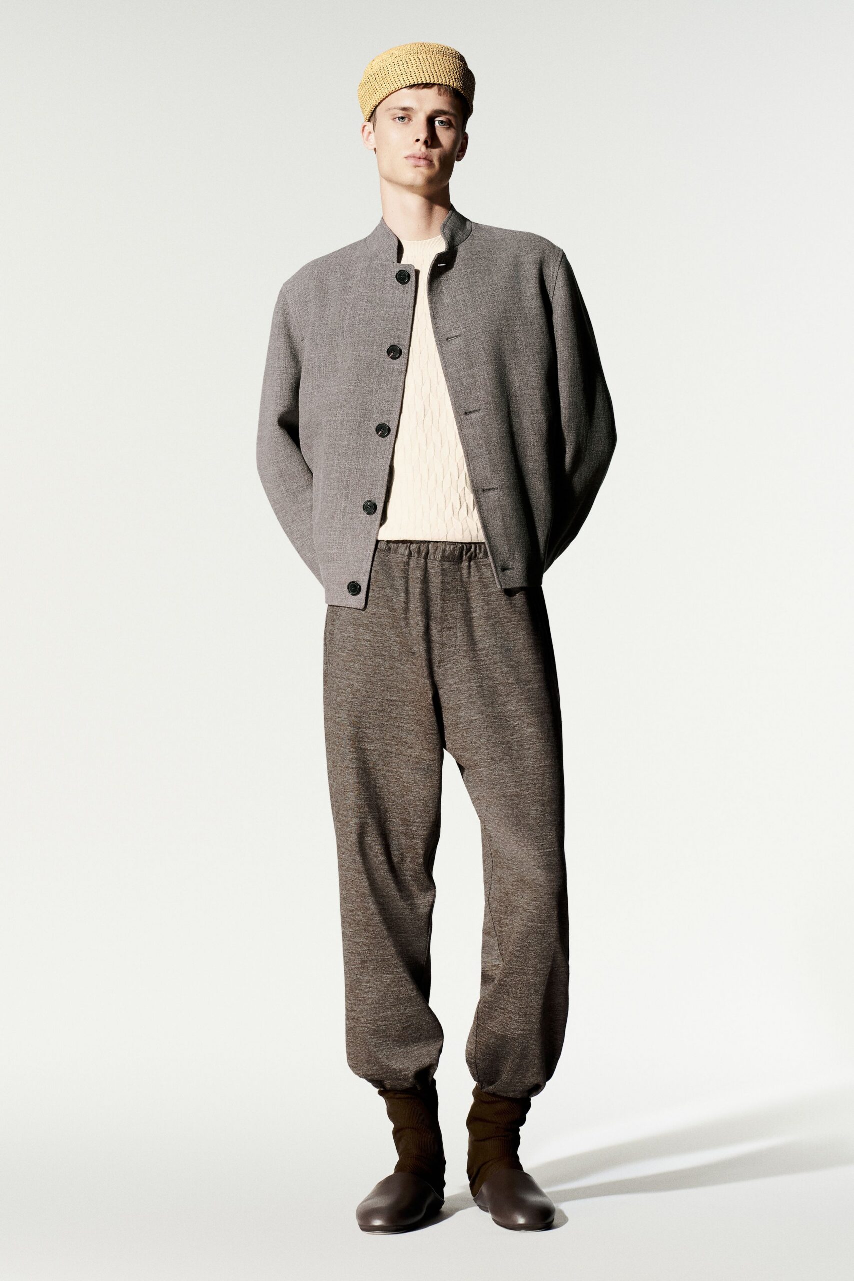 band-collar gray jacket