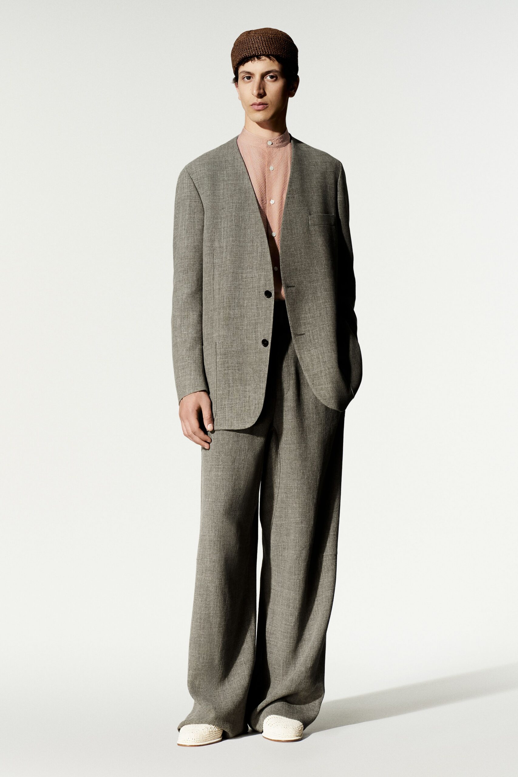 collarless gray tailored blazer