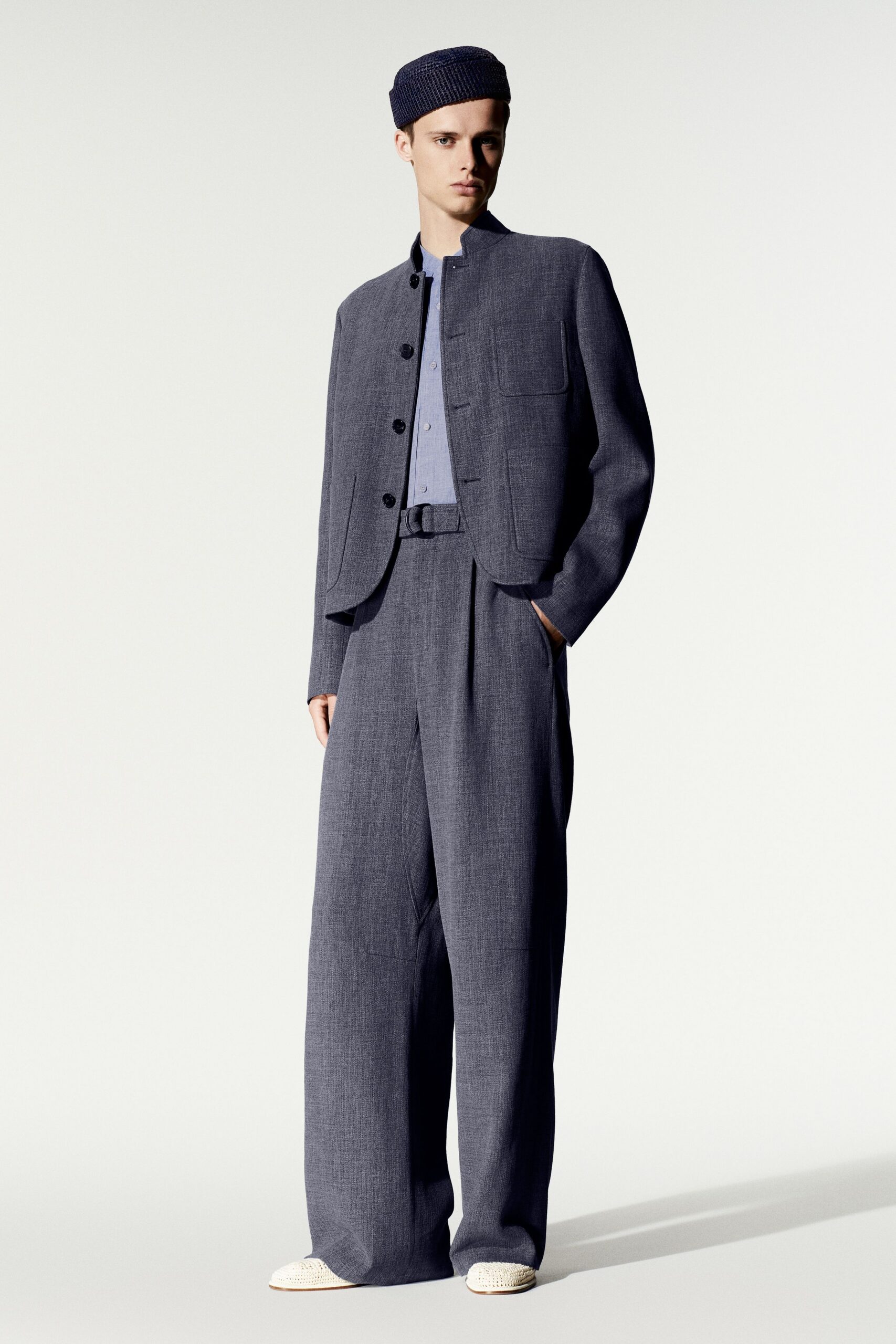 band-collar gray jacket