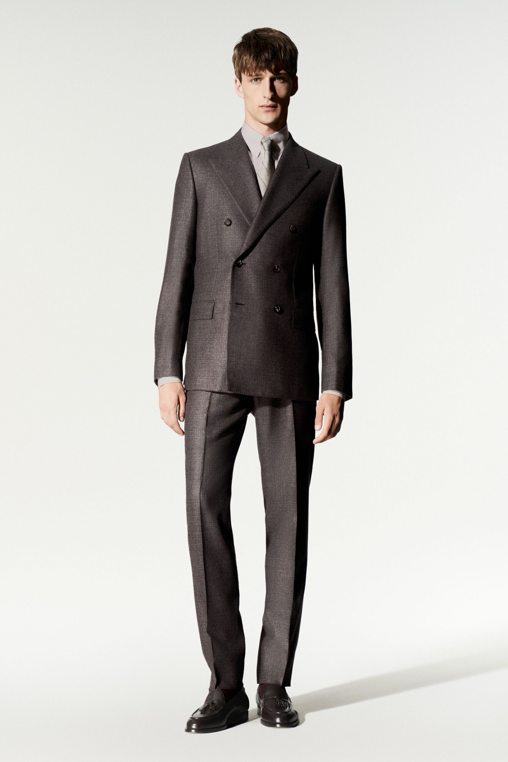 double-breasted gray suit blazer