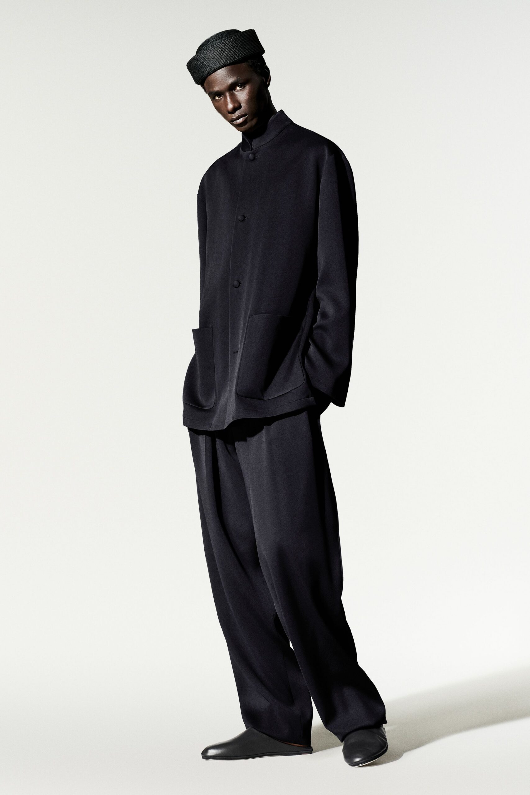 black mandarin-collar jacket