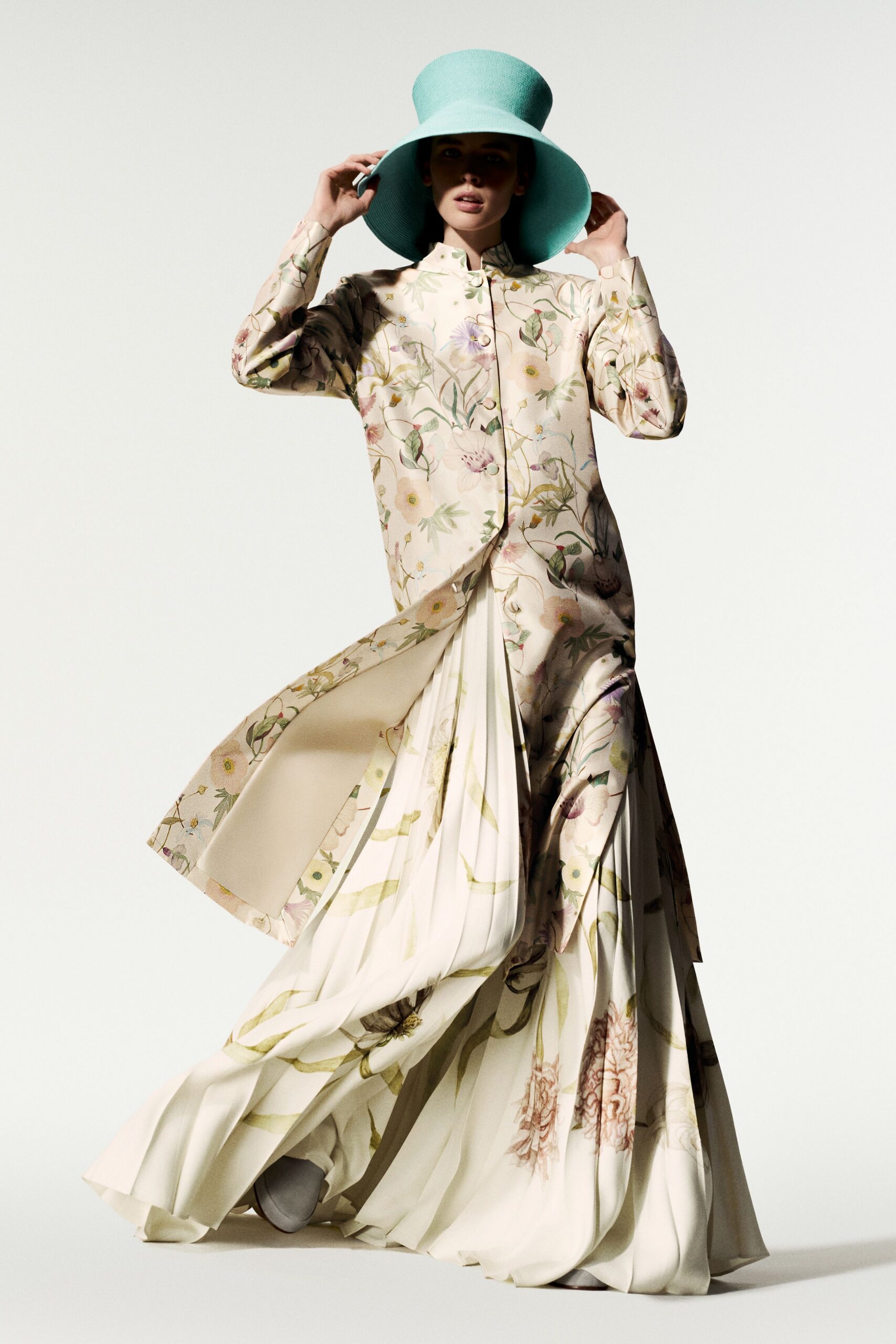 ivory chiffon floral pleated flowing maxi skirt