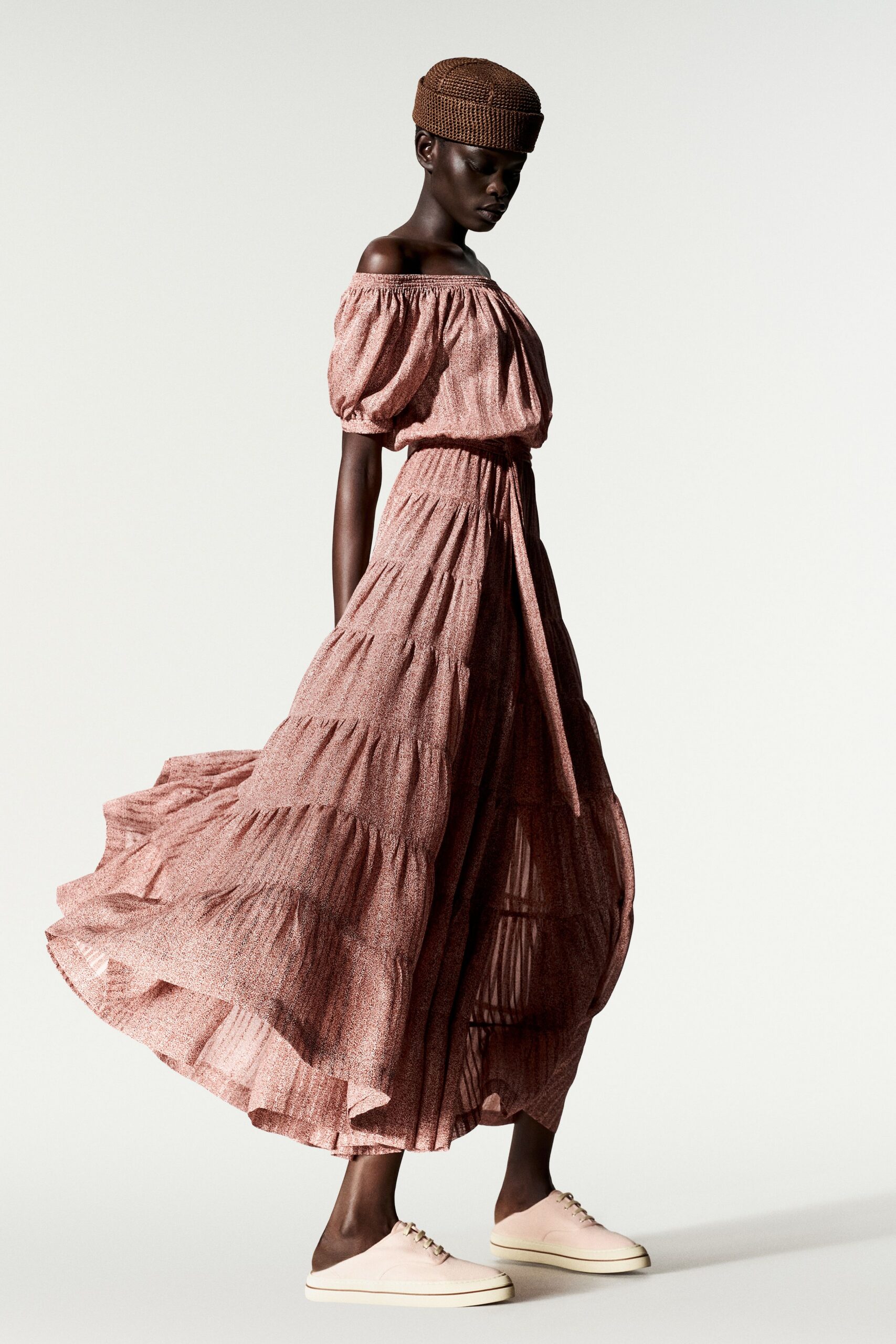 pink chiffon off-shoulder short-sleeve tiered ruched maxi-dress