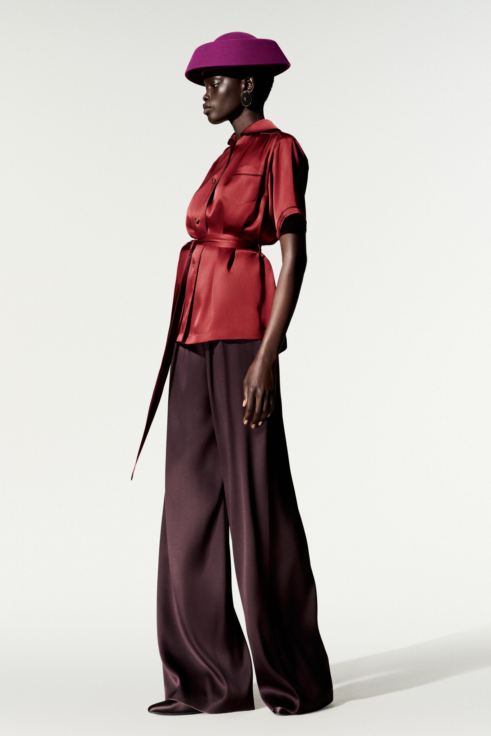 purple satin wide-leg shiny flowing pants