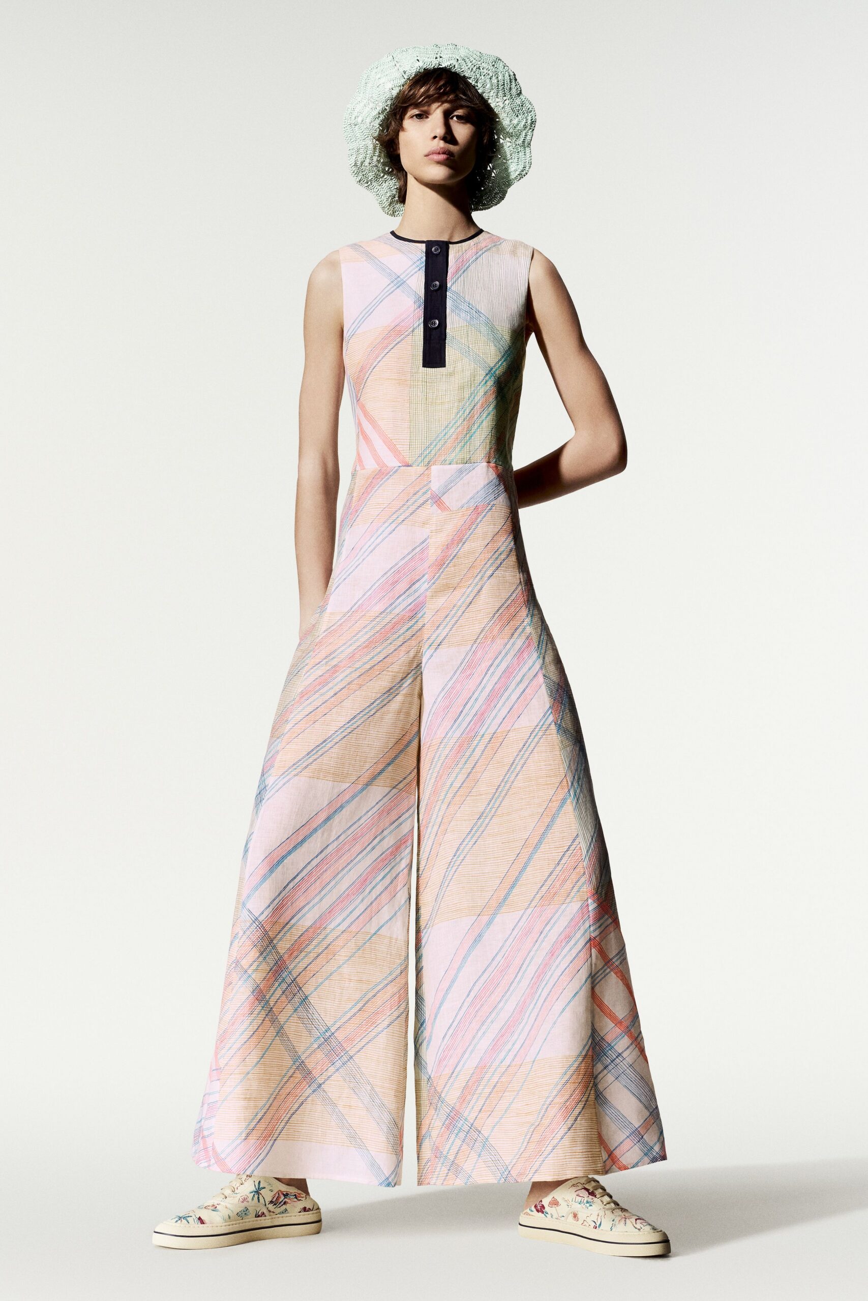 pastel plaid wide-leg jumpsuit