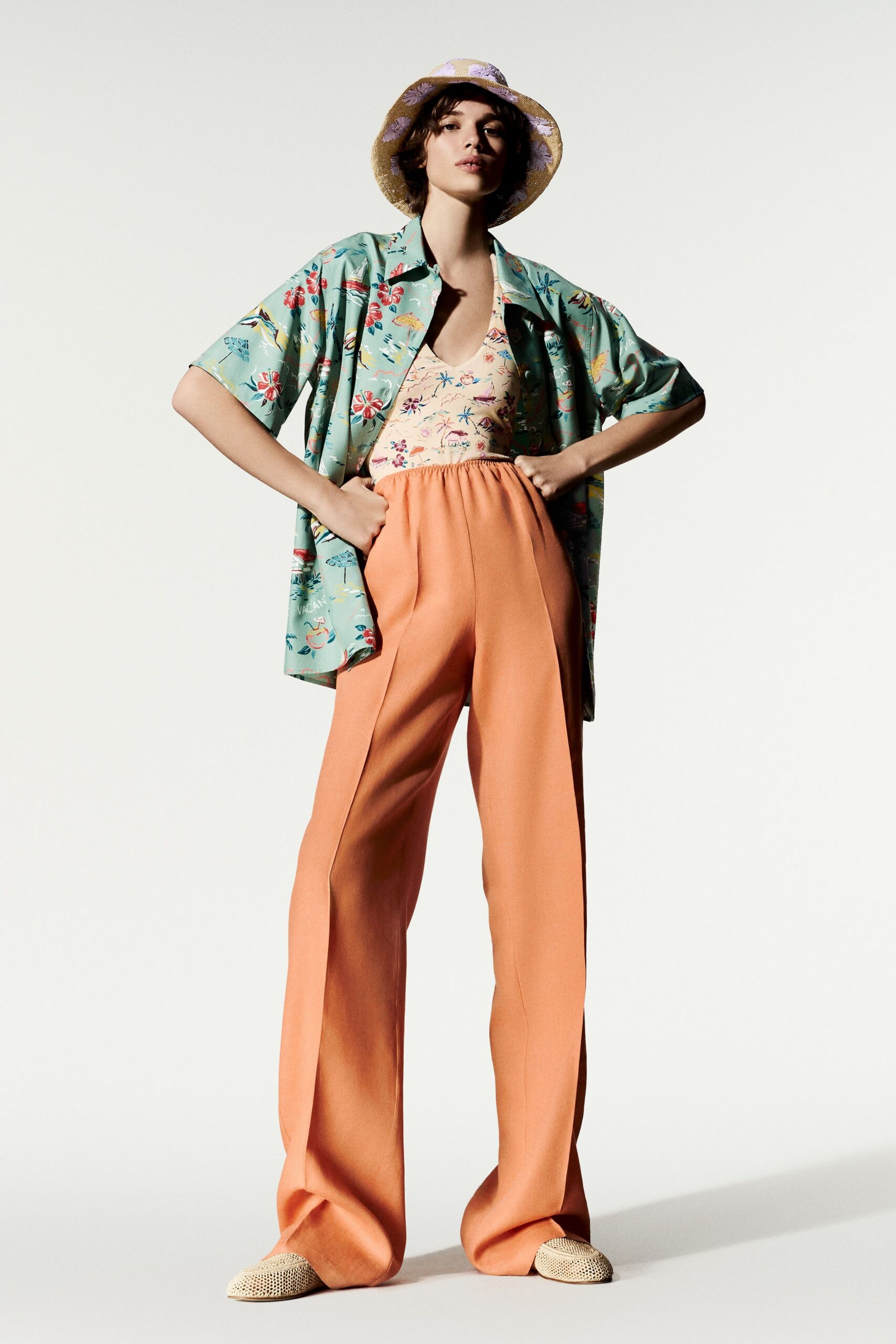 orange unknown high-waisted wide-leg flowing pants