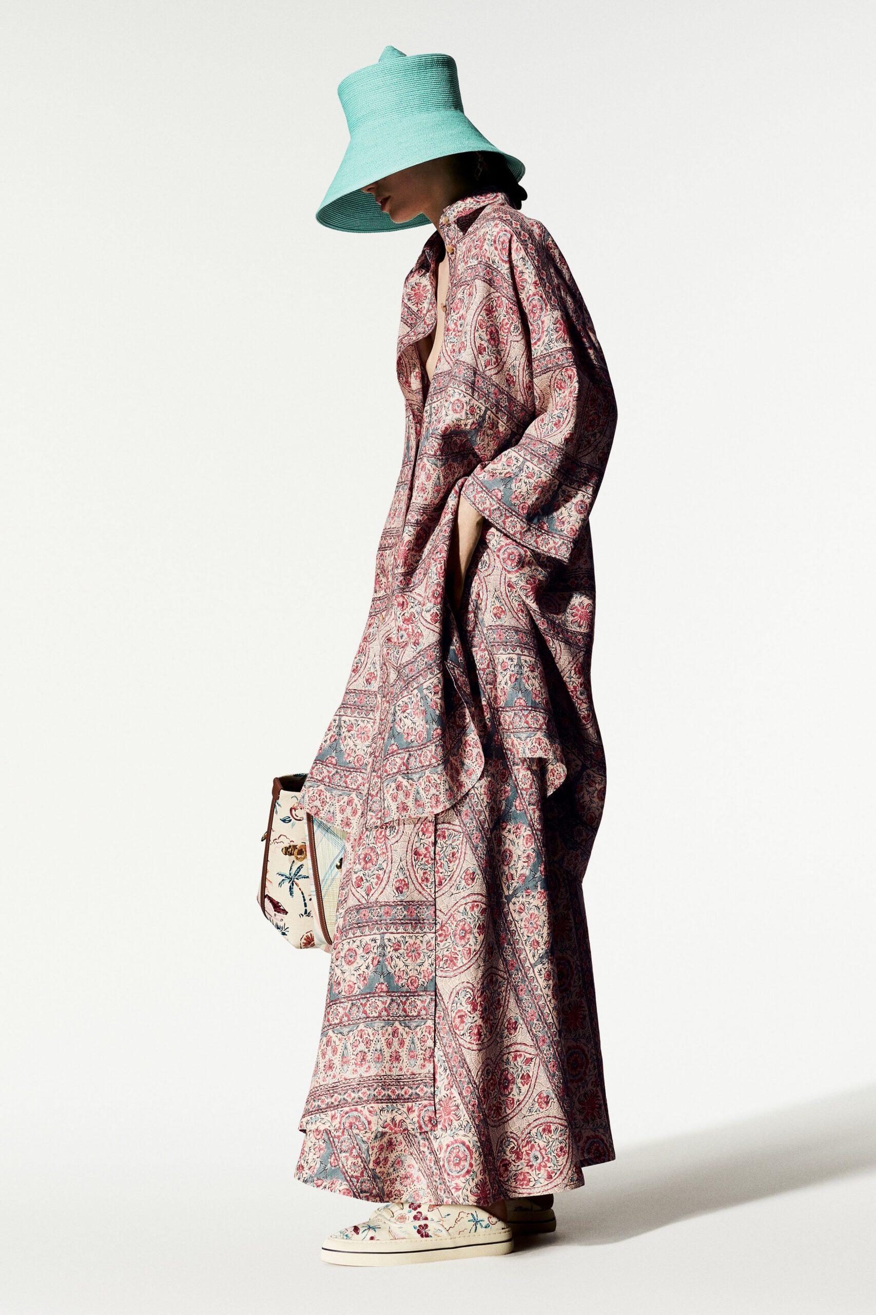 ivory unknown long-sleeve collared printed tiered flowing dress