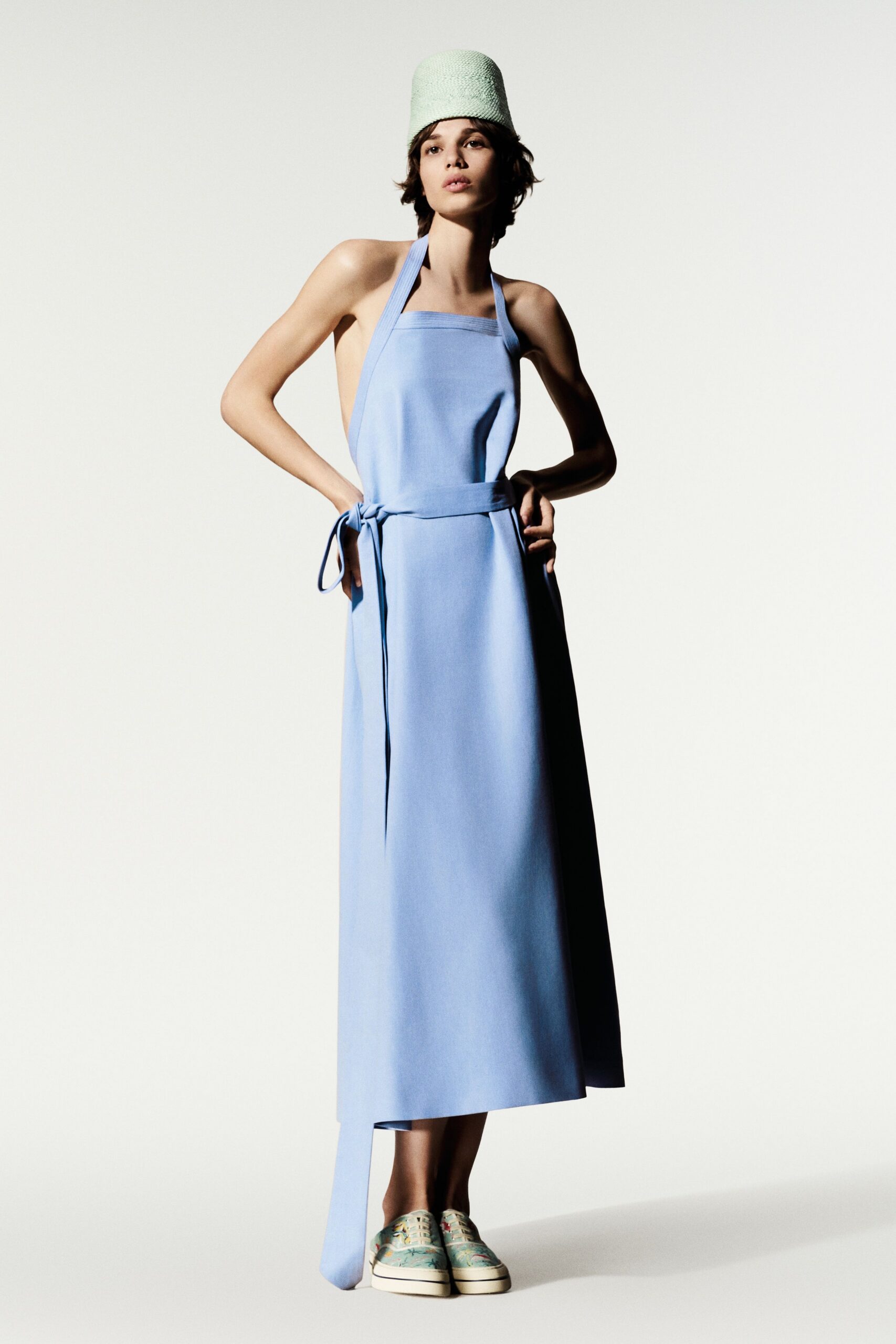 blue crepe halter backless belted knotted flowing maxi-dress