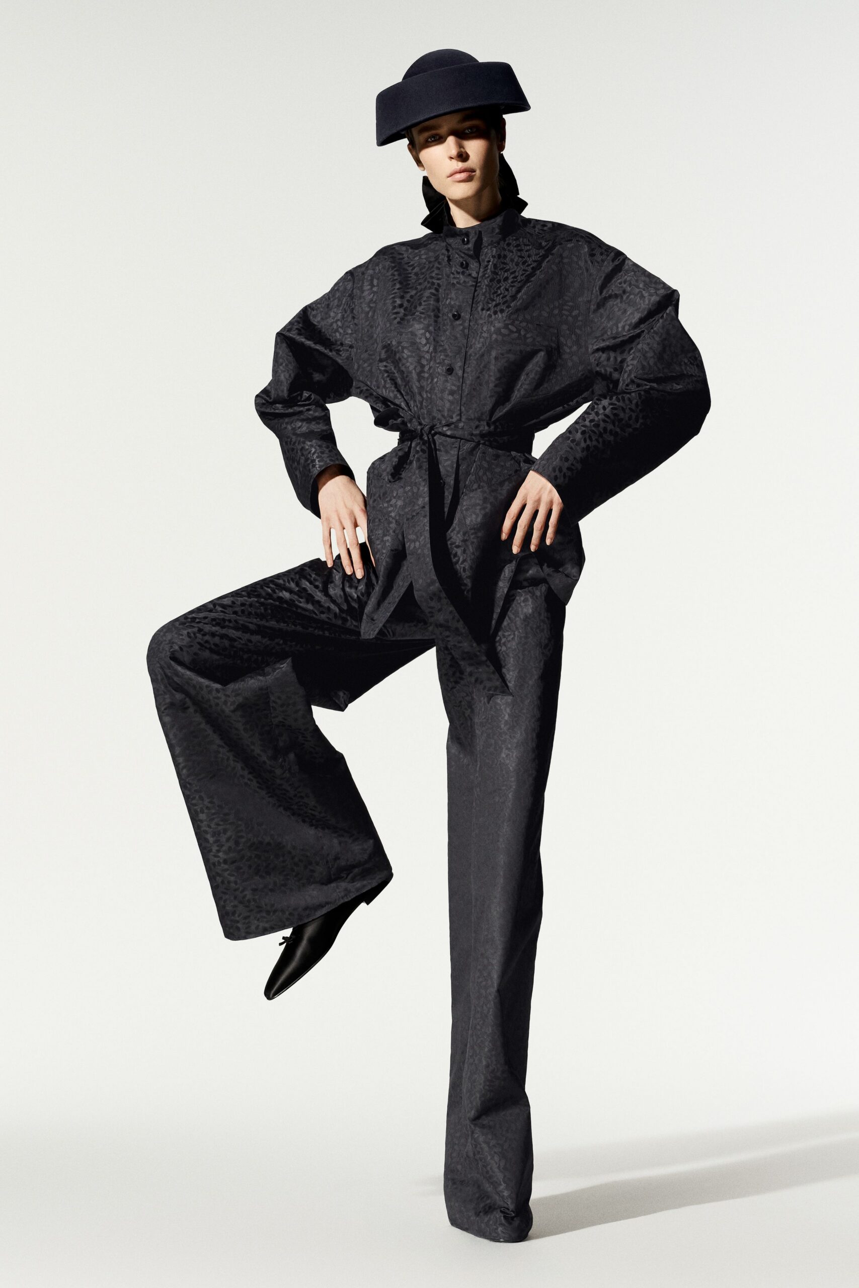 black jacquard belted tunic jacket