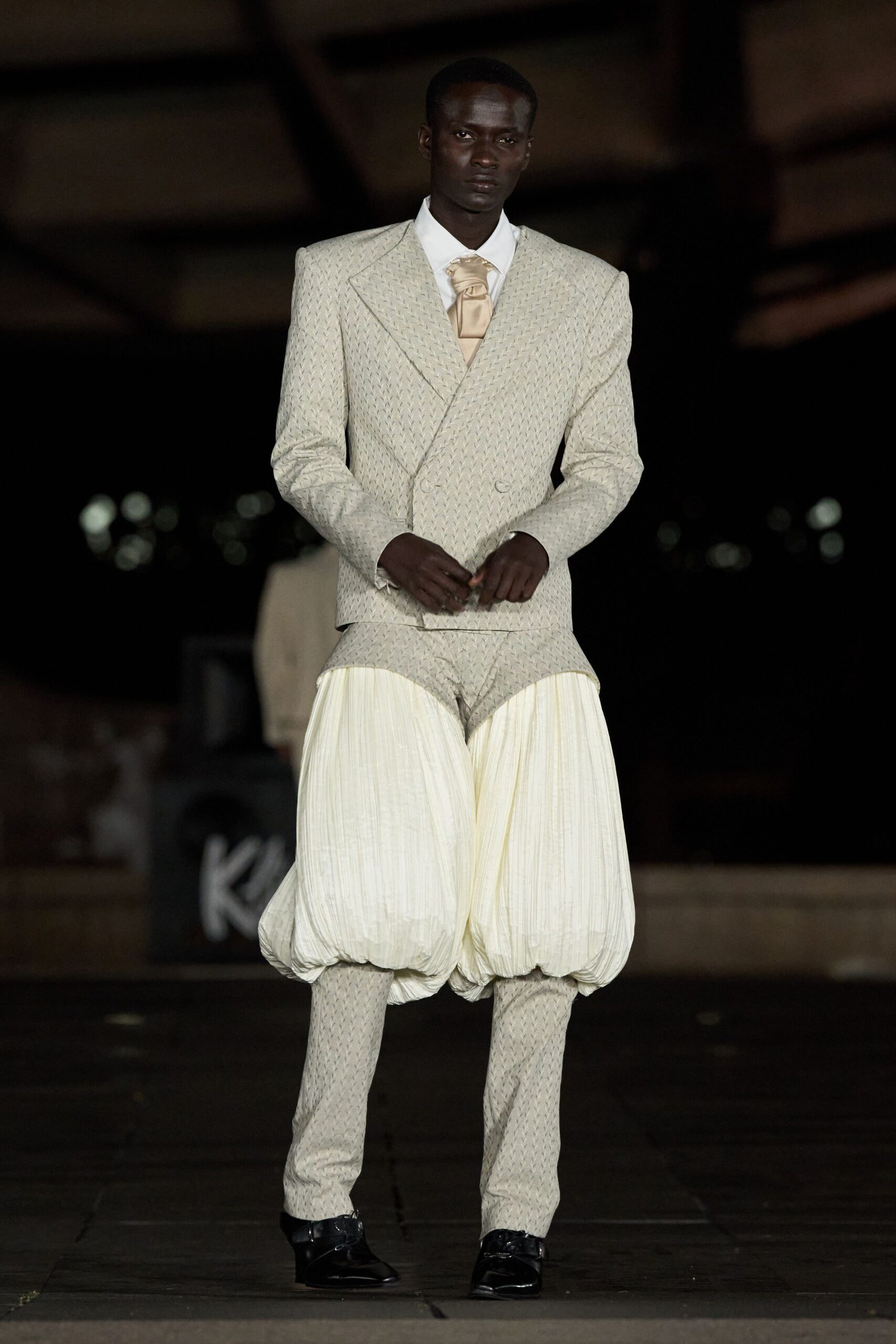 ivory brocade panelled textured pants
