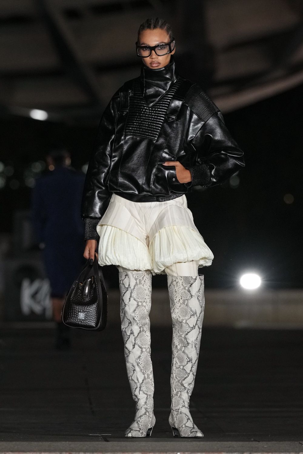 black leather long-sleeve high-neck oversized panelled pockets jacket