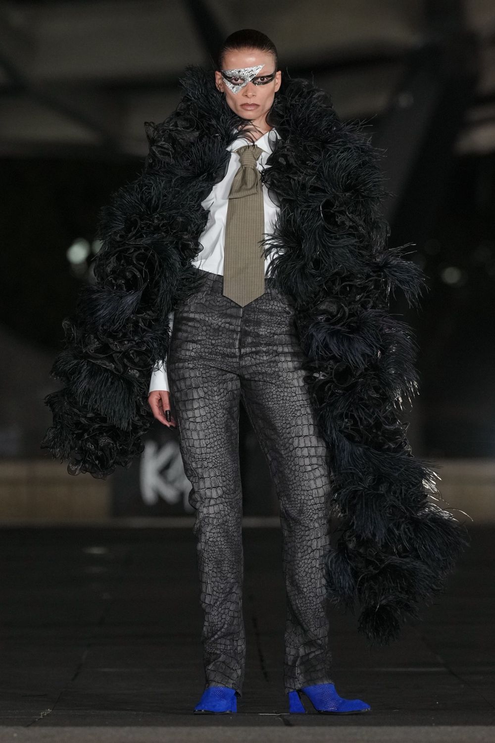 gray leather slim animal-print textured pants