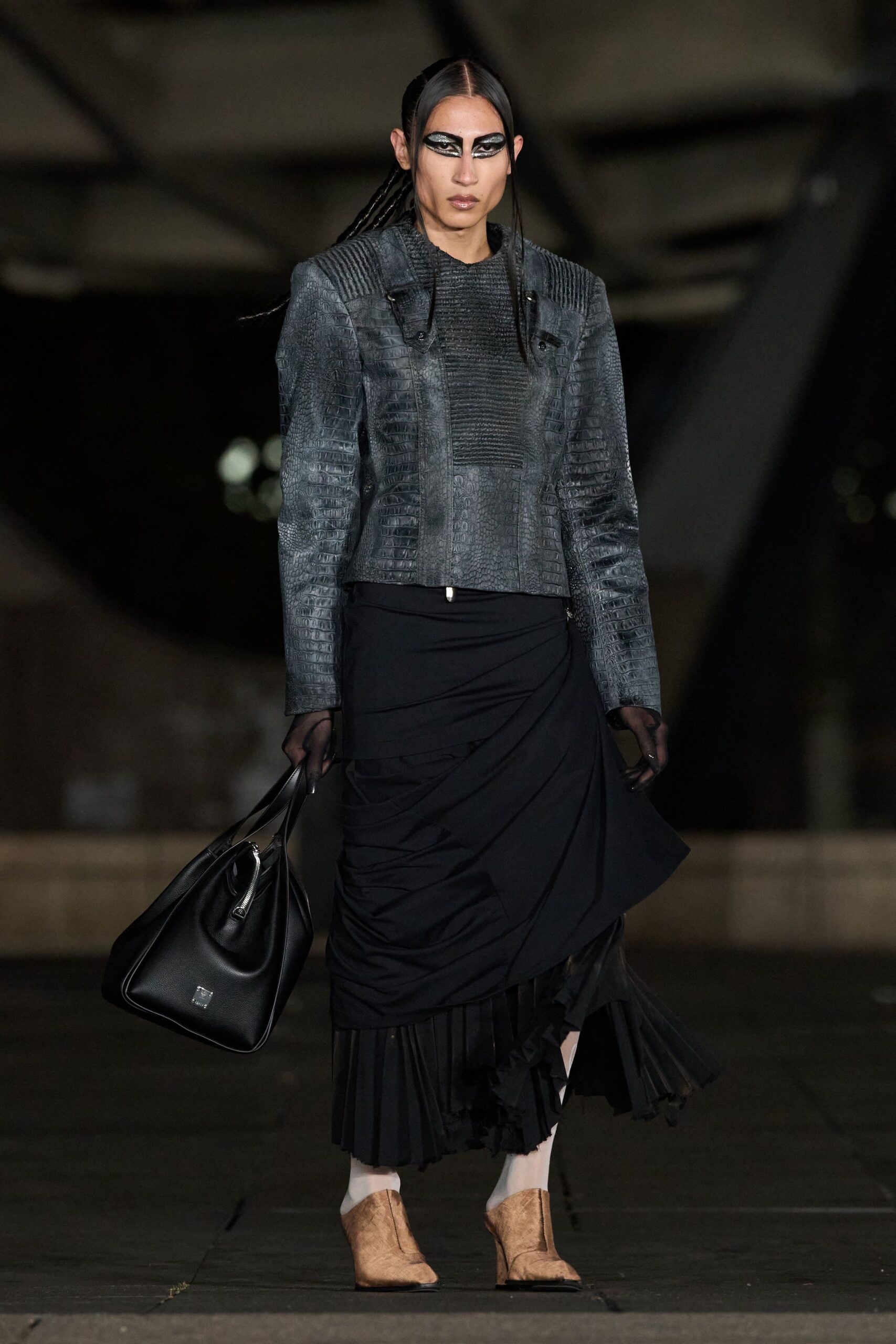 gray leather long-sleeve structured embossed textured cropped jacket