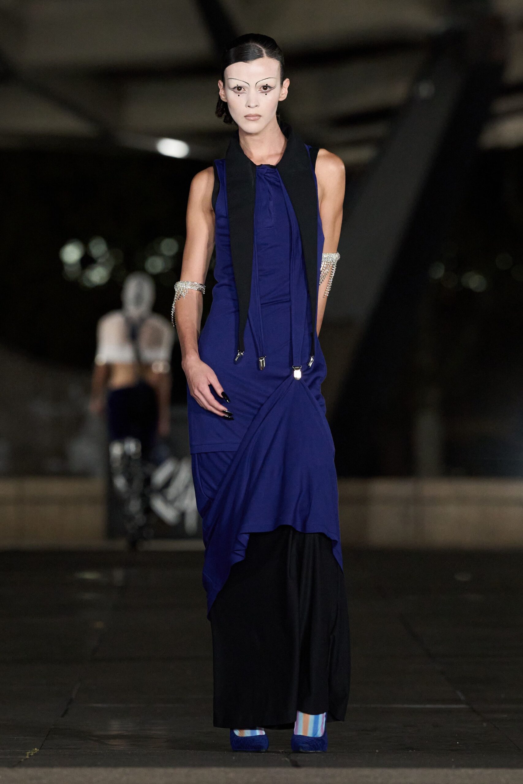 asymmetric draped blue and black dress