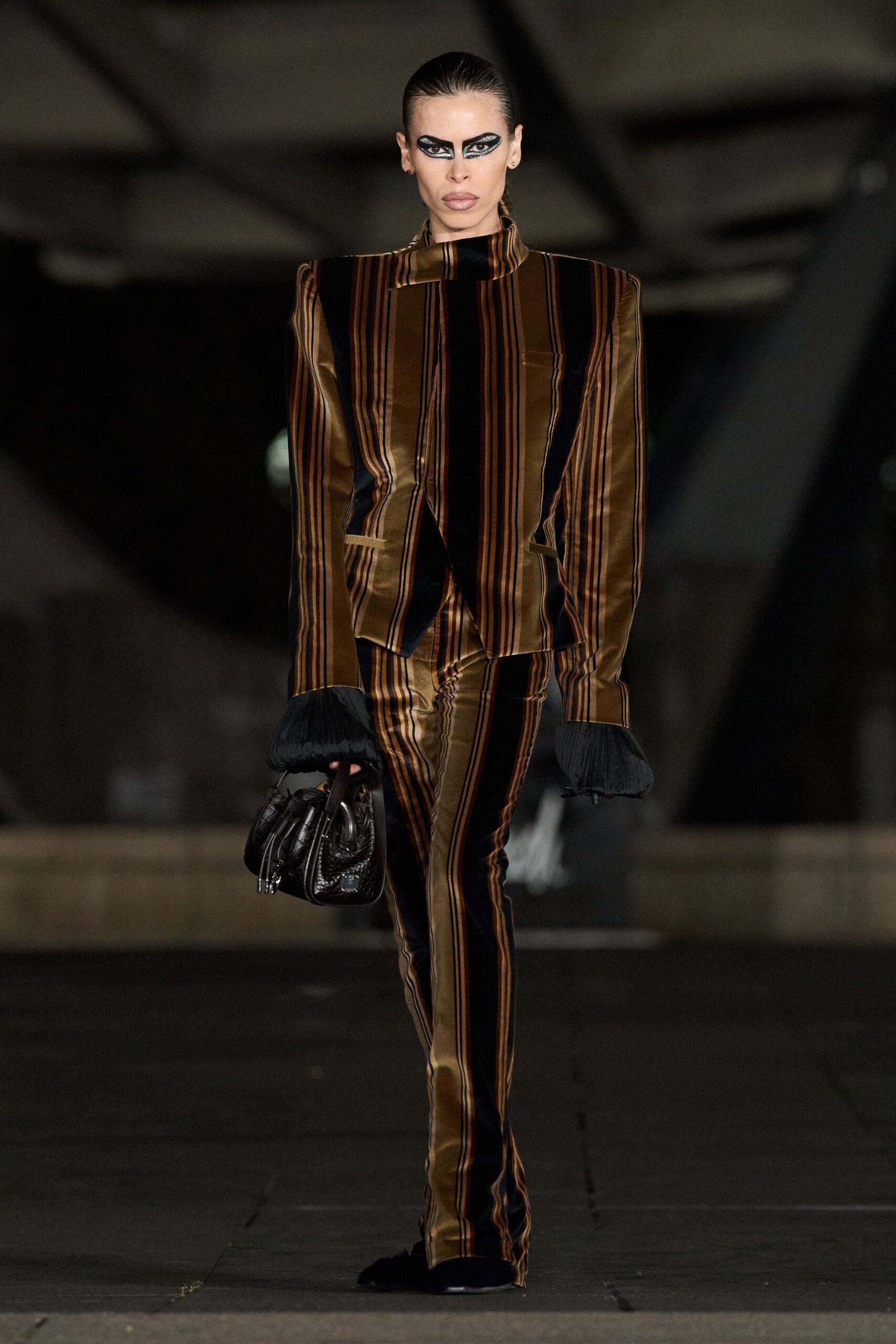 brown satin long-sleeve high-neck tailored striped pockets jacket