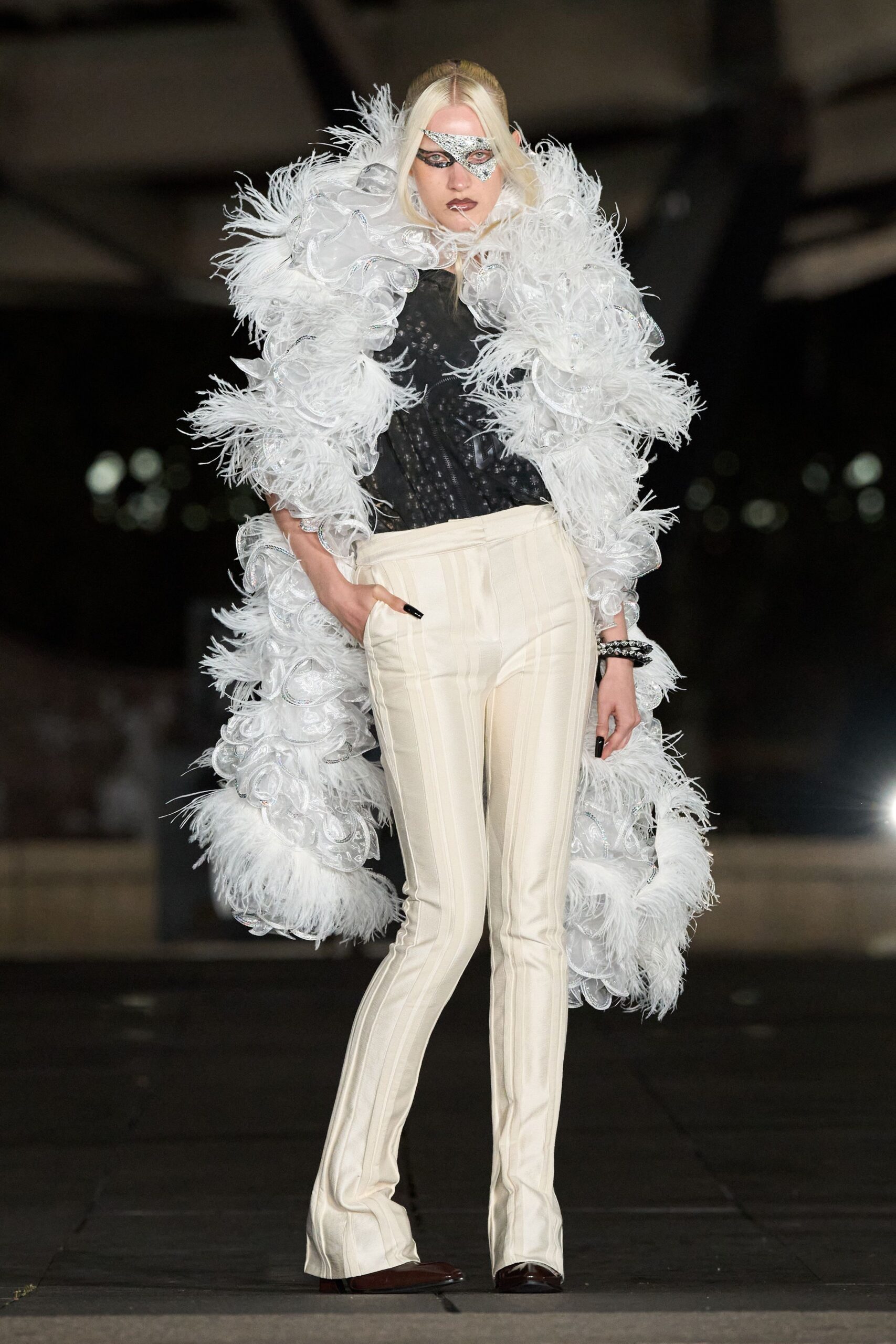 white organza open-front ruffled feathered textured maxi cape