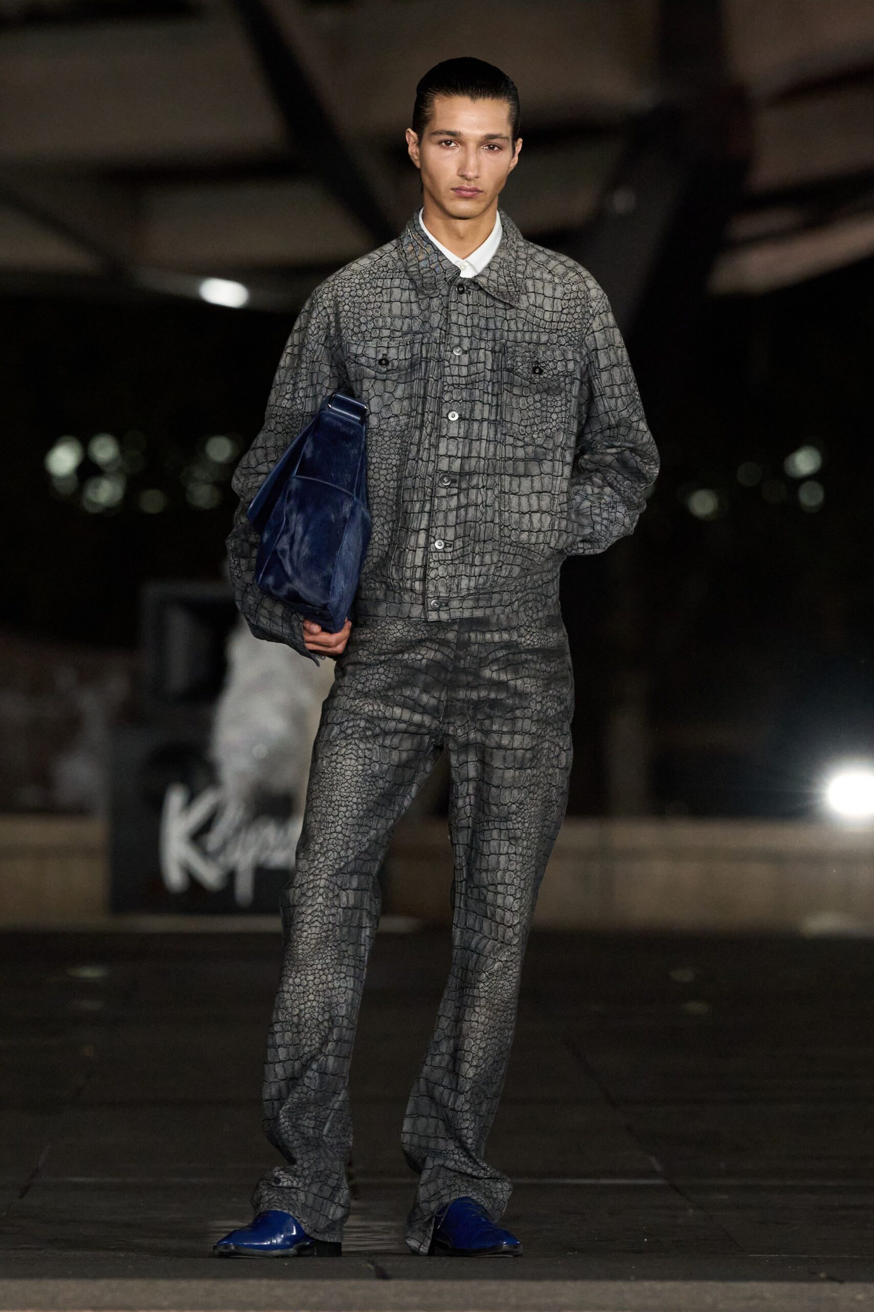 gray leather relaxed animal-print textured pants