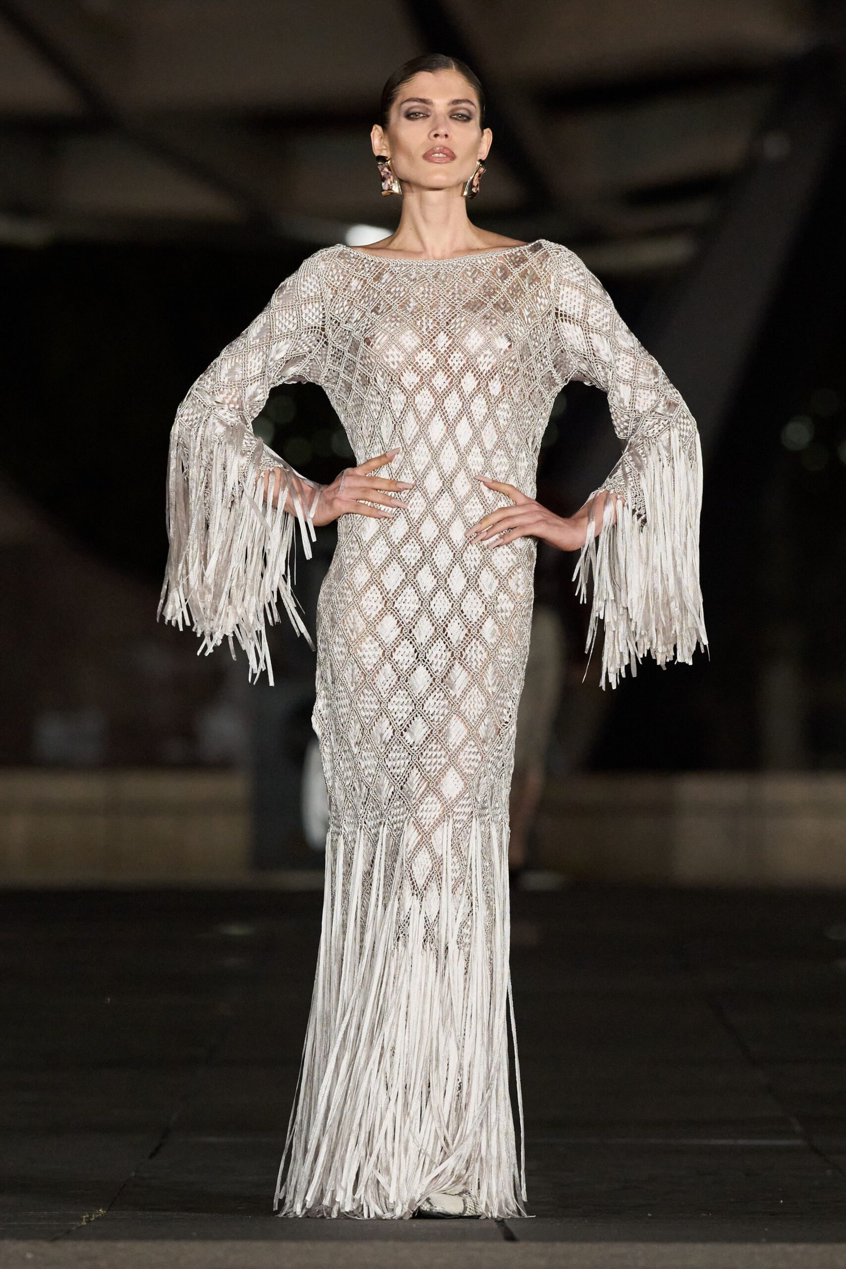 ivory crochet long-sleeve boat-neck fitted animal-print fringed gown