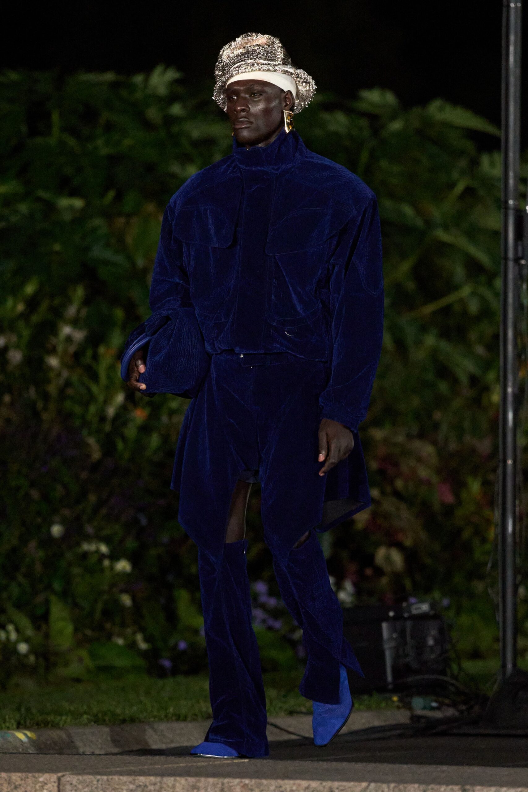blue velvet long-sleeve high-neck oversized pockets textured jacket