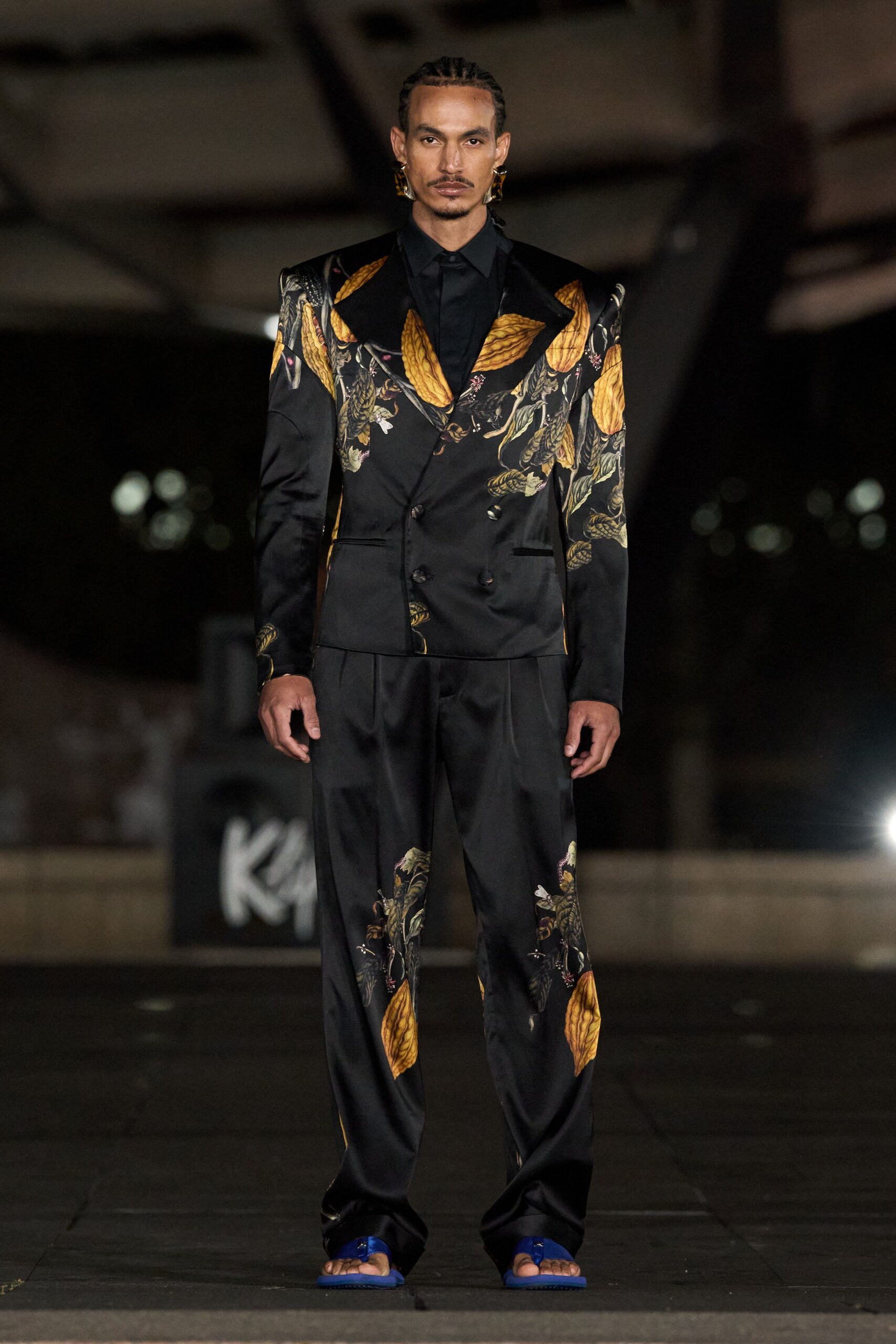black satin printed shiny pants