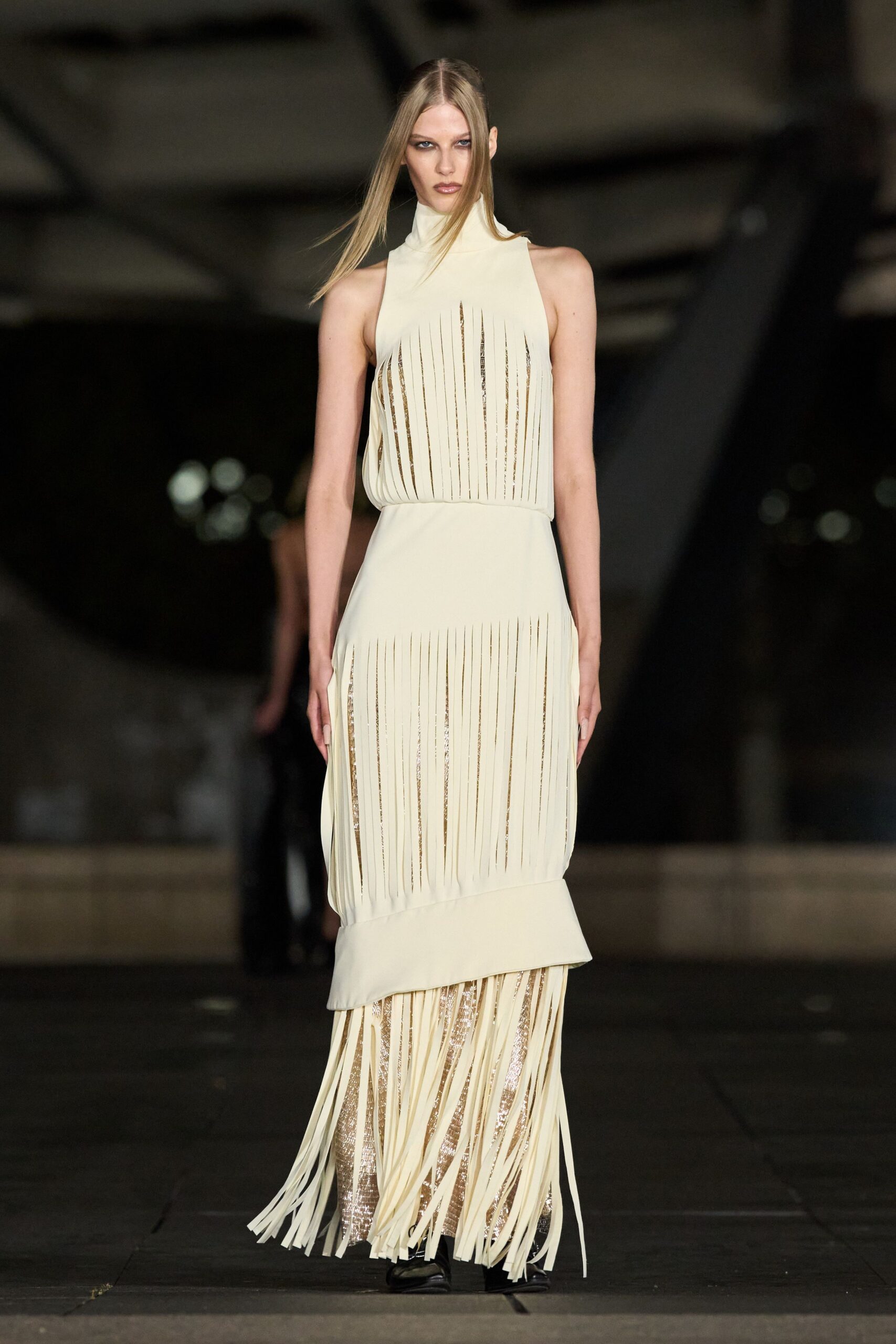 ivory sequin sleeveless high-neck fringed layered gown
