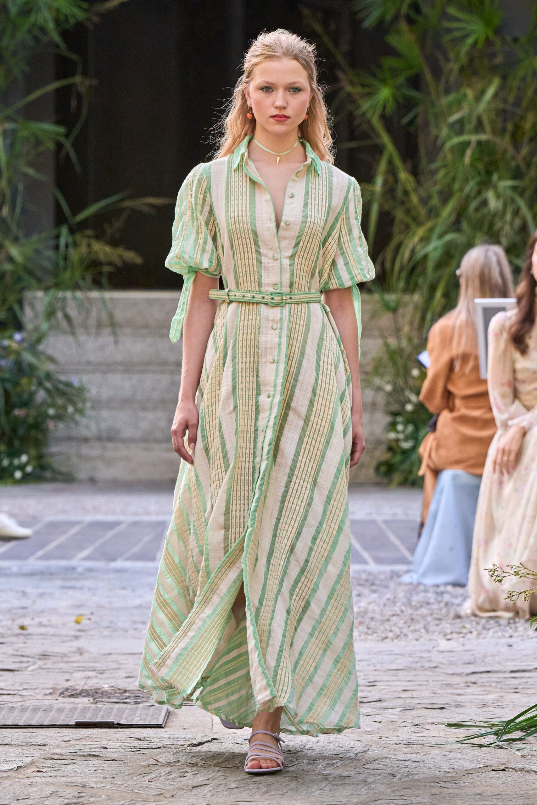 beige unknown short-sleeve collared striped buttoned flowing maxi-dress