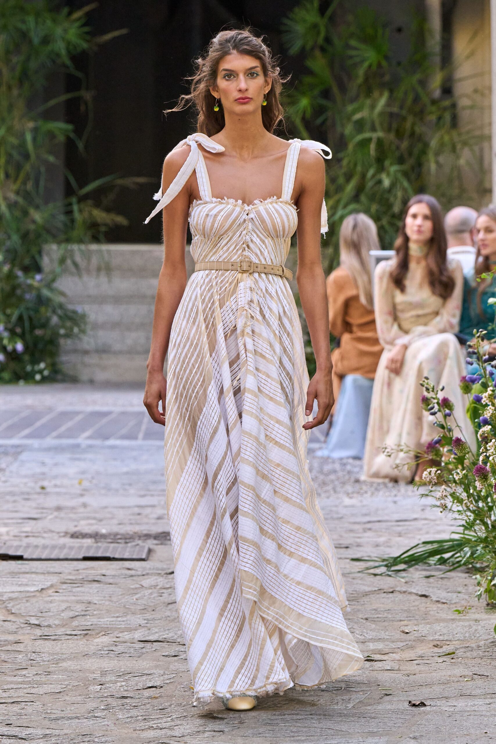 beige chiffon sleeveless spaghetti-strap fitted striped ruched maxi-dress